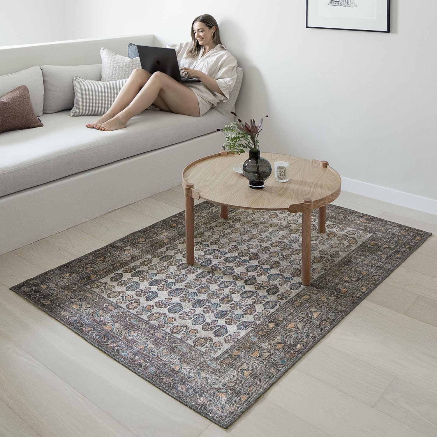 Humble Cypress 4’ x 6’ Area Rug – Ivory, Coral & Cypress Blue Heritage Flatweave, Low-Pile – Easy Clean Accent Rug for Entryway, Kitchen, Fireplace, or Bedroom – Pet & Kid Friendly