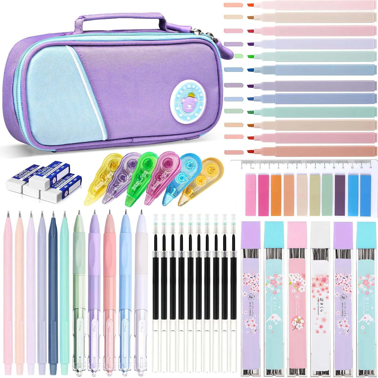 46 Pcs Large Capacity Pencil Pouch with Aesthetic School Supplies, 12 Pastel Highlighters, 5 Black Ink Gel Pens, 6 Mechanical Pencils Set 0.5 & 0.7mm, Sticky Notes, Stationary Set for Student (Purple) 46 Pcs Large Capacity Pencil Pouch with Aesthetic School Supplies, 12 Pastel Highlighters, 5 Black Ink Gel Pens, 6 Mechanical Pencils Set 0.5 & 0.7mm, Sticky Notes, Stationary Set for Student (Purple)