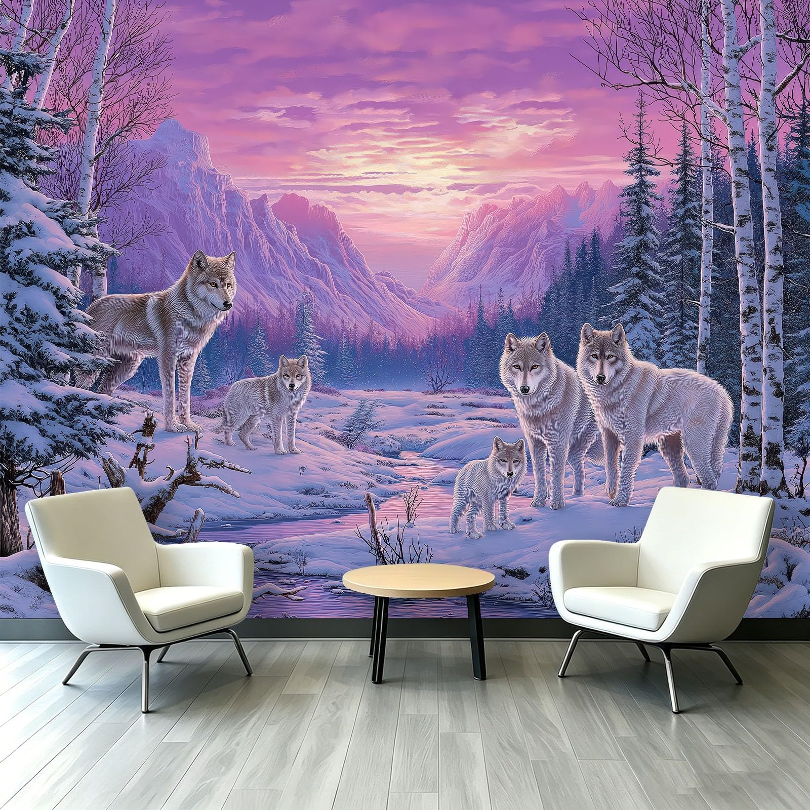Papier peint panoramique loup et forêt de neige intissé XXL pour salon 250x175 cm