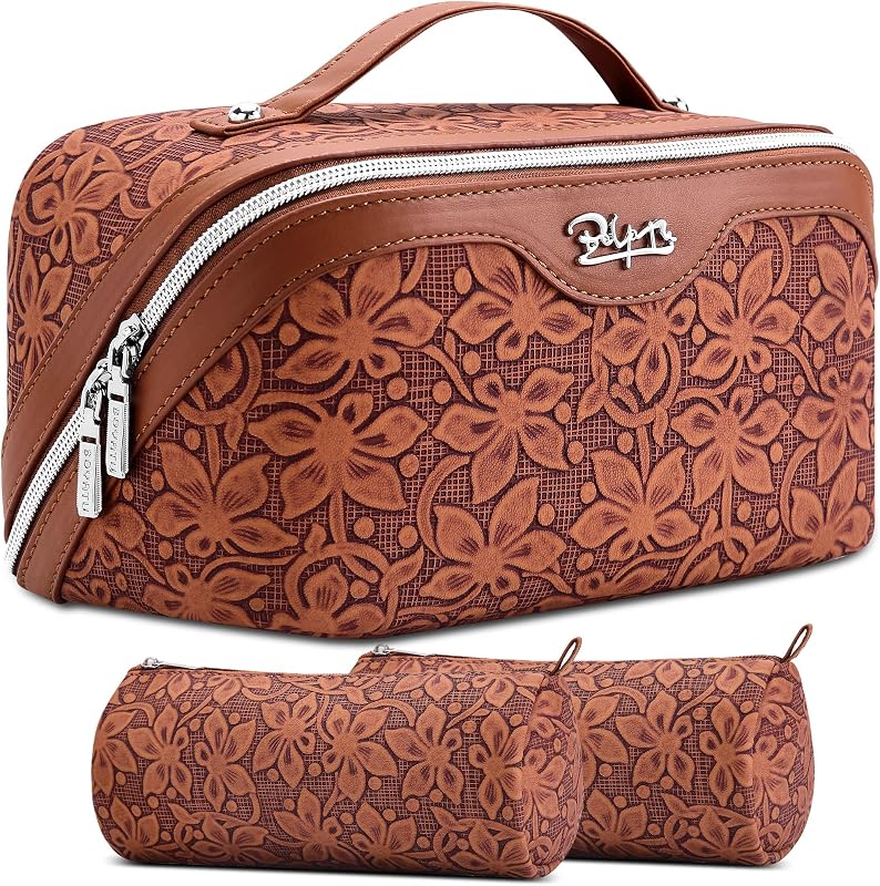 BOYATU Necessaire de maquiagem para viagem com compartimentos, marrom Z-61Brown, conjunto com 3