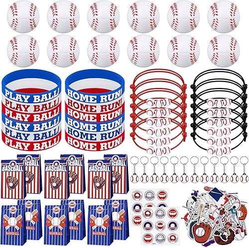 ADXCO 110 piezas temáticas de béisbol, bolsas de regalo, mini bolas de espuma, pulseras de béisbol de silicona, llaveros deportivos, pulseras,