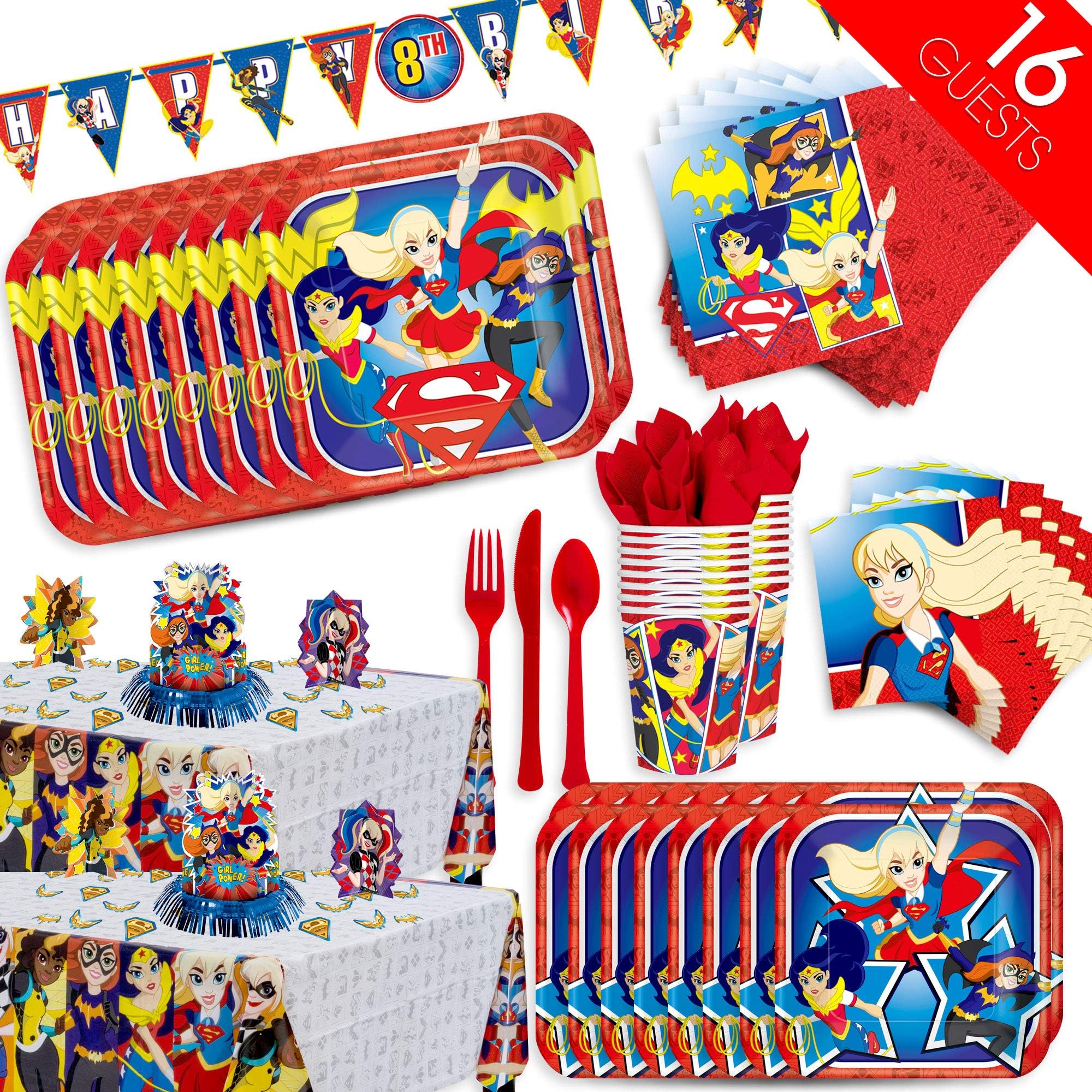amscanEUROPE Dc Superhero Girls Party Supplies For 16 Guests, Includes Plates, Cups, A Banner, Table Cover, Decorating Kit, Cutlery, And Tissues, Multi Color, Dcsuperherogirls16