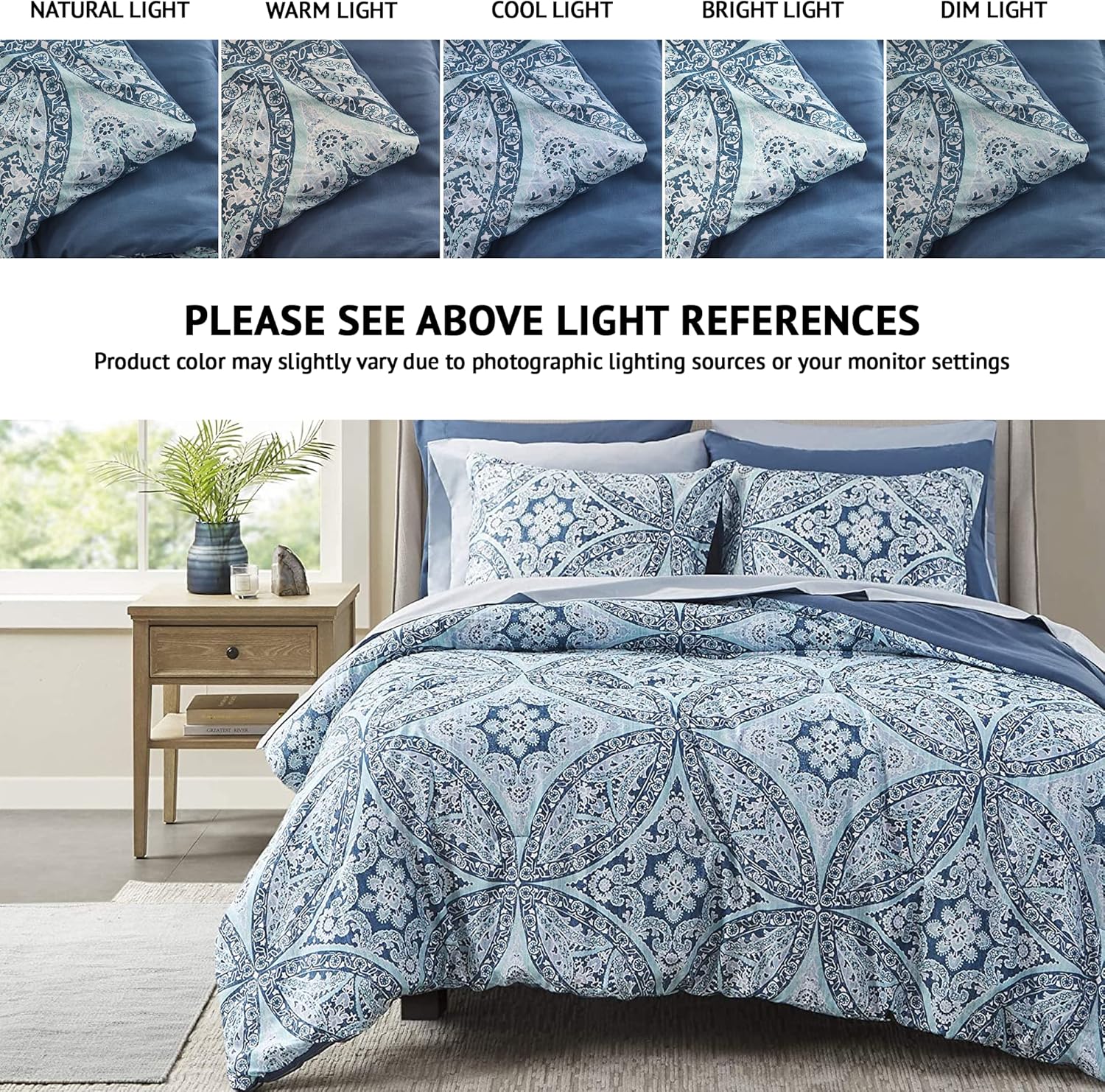 Comfort Spaces Bed in A Bag - Trendy Casual Design Cozy Comforter with Complete Sheet Set with Side Pocket, All Season Cover, Matching Shams, Queen(90"x90"), Gloria, Damask Blue 9 Piece : Home & Kitchen