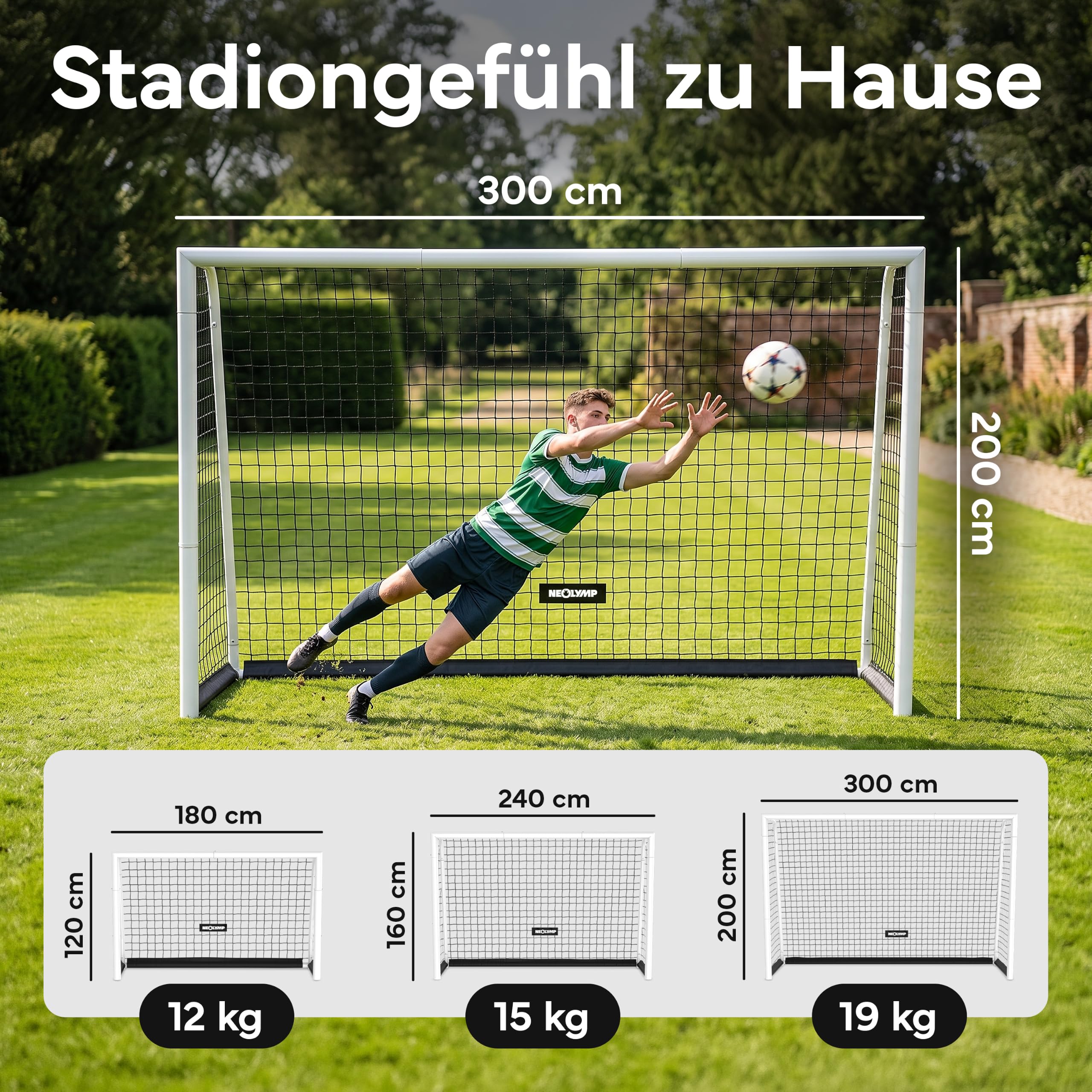 NEOLYMP Fußballtor für Garten – Robustes Stadion-Tor aus Metall, korrosionsgeschützt – Wetterfestes Fußballtor Kinder Outdoor inkl. Heringe – Klicksystem & Polyester-Netz – Einfacher Aufbau