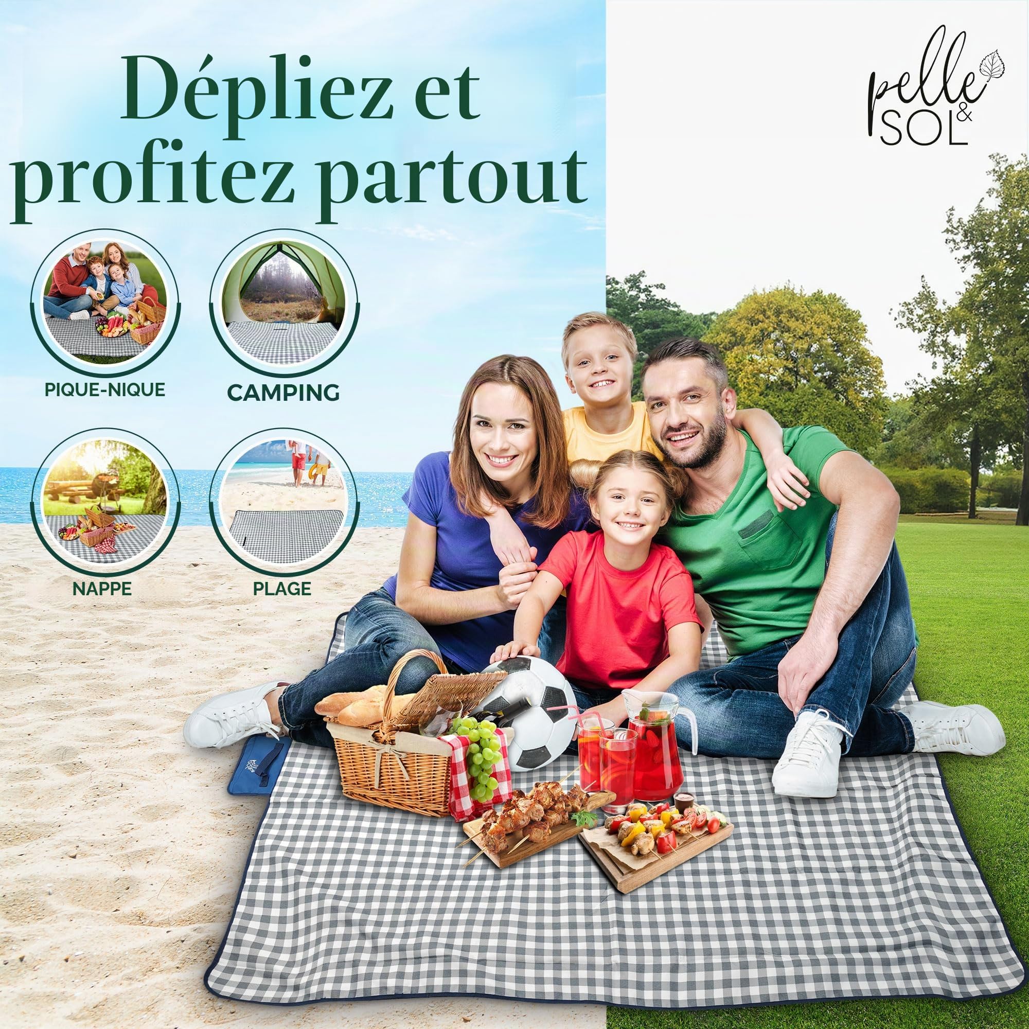 Pelle & Sol Tapis de Pique-Nique Imperméable 200x140 cm, Couverture Extérieure Pliable avec Poignée, Base Antidérapante, Tapis Anti-Sable Lavable pour Plage, Jardin, Camping, Randonnée & Parc