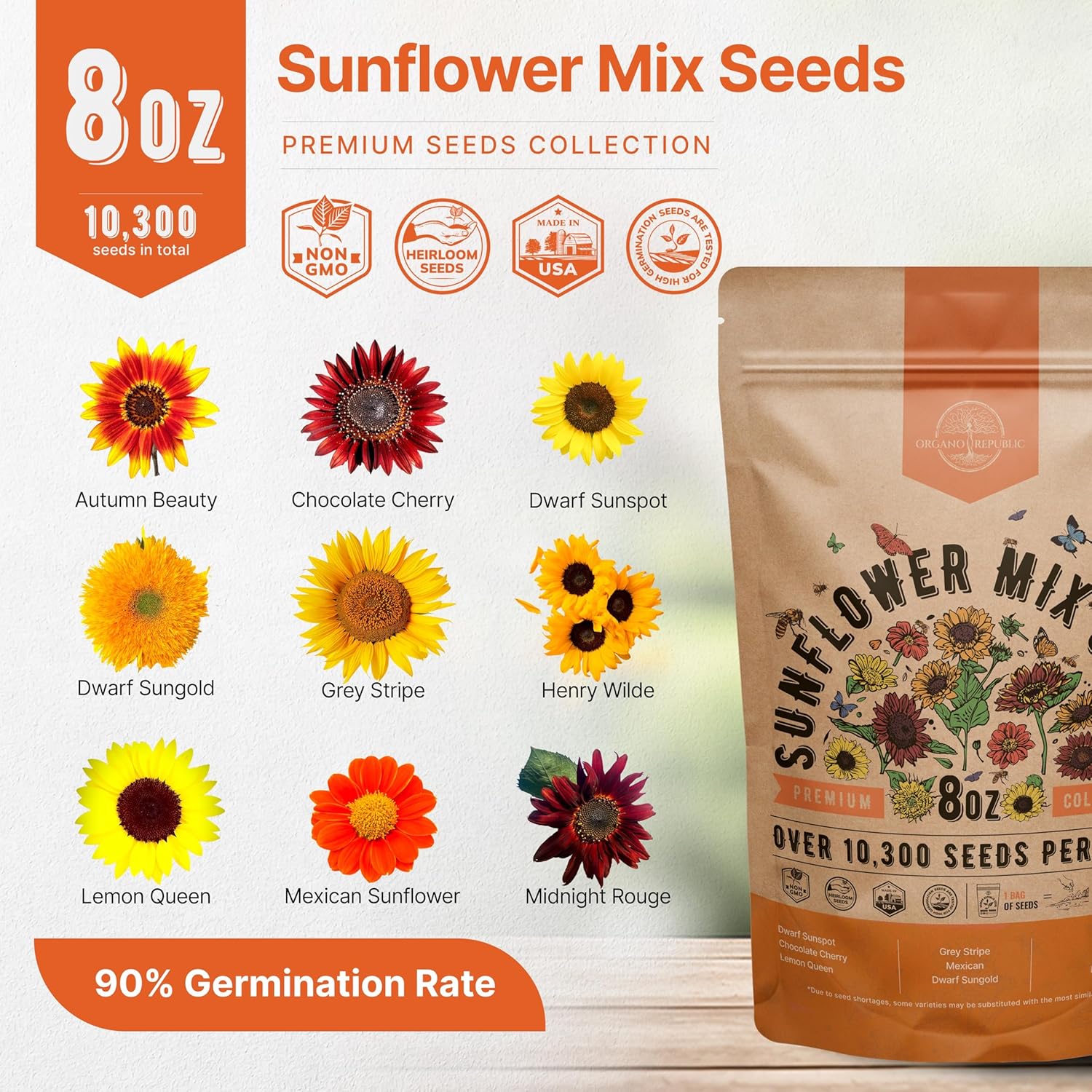 Sunflower Mix Seeds Pack 8 oz - Over 10,300 Non-GMO Heirloom Sunflower Seeds for Planting, Annual Flowers in Individual Seed Packet for Planting Home Garden Indoor & Outdoor Gardening (Pack of 2)