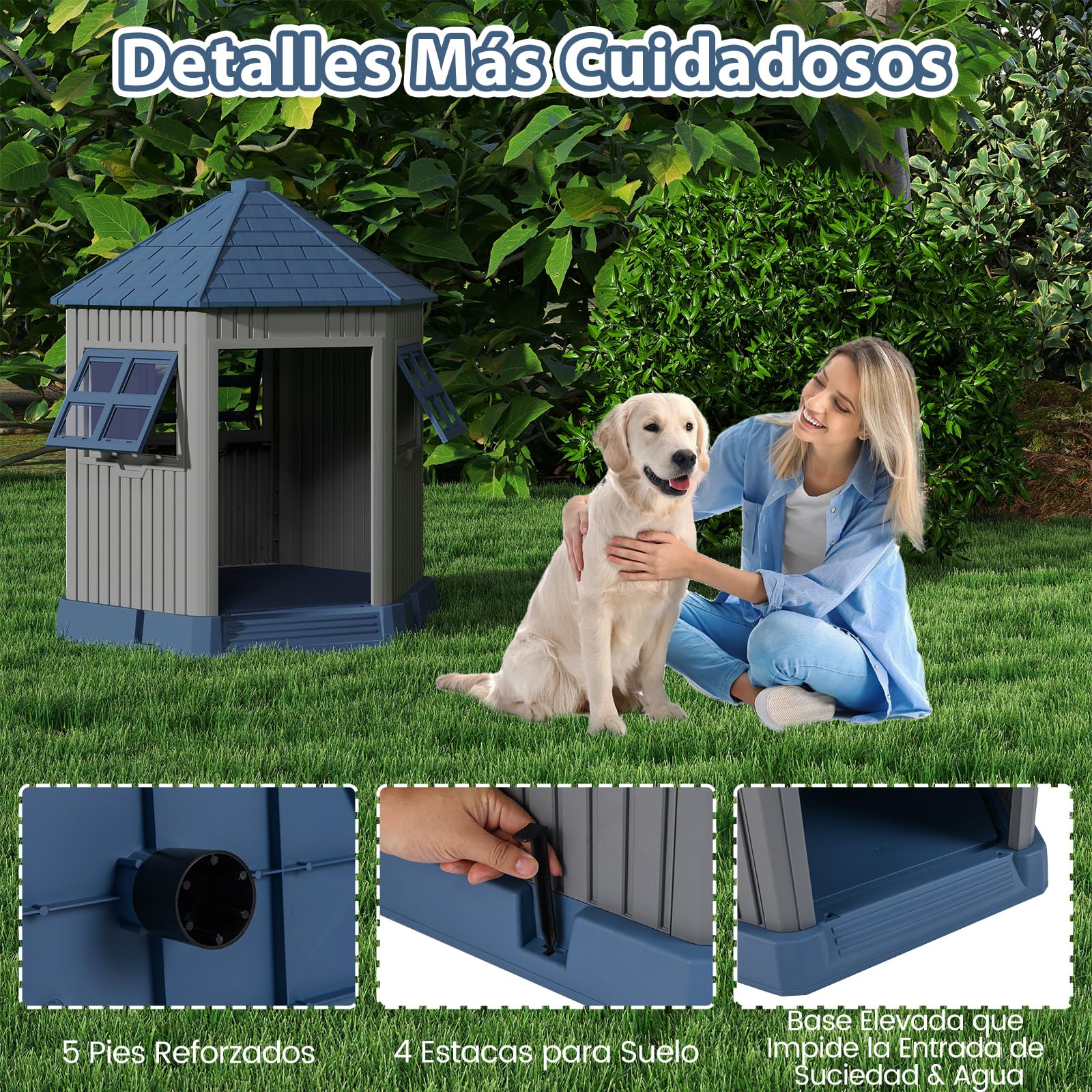 COSTWAY Caseta Perros Exterior de Plástico, 76x90x96 cm, Casa para Perros Grande con 2 Ventanas y Claraboya, Techo Inclinado, Entrada Amplia, Impermeable, Caseta para Perro en Forma de Granero