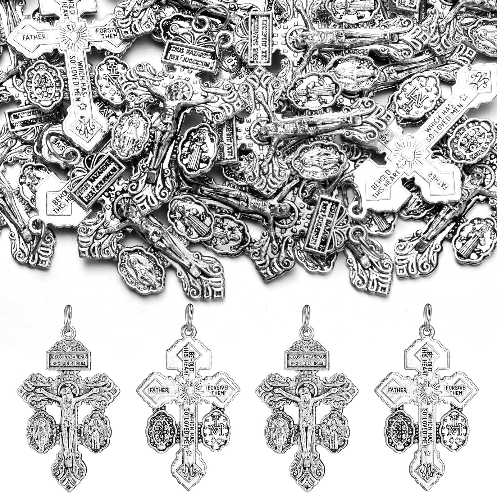 Loetere48 Pcs Catholic Pardon Crucifix for Rosary Making Bulk 1.57 Inch Rosary Cross Charms Pendants Silver Medal Crucifix Cross DIY Supplies for Rosaries Necklace Jewelry Making Prayer Beads Part