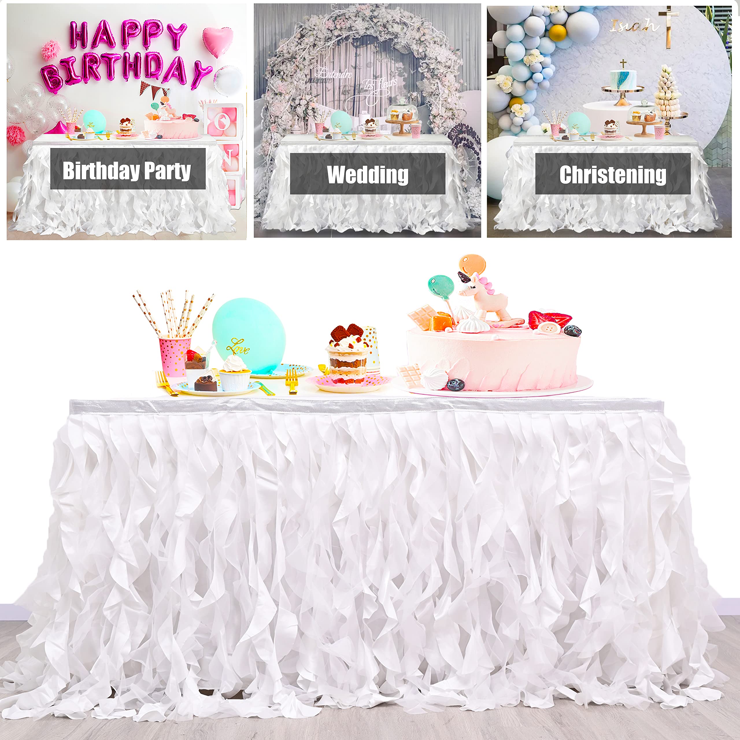 PartyBySam White Curly Willow Table Skirt for Rectangle Table 9ft, Tutu Table Skirt for Wedding,Bridal Shower, Christening(L6(ft), H 30in)