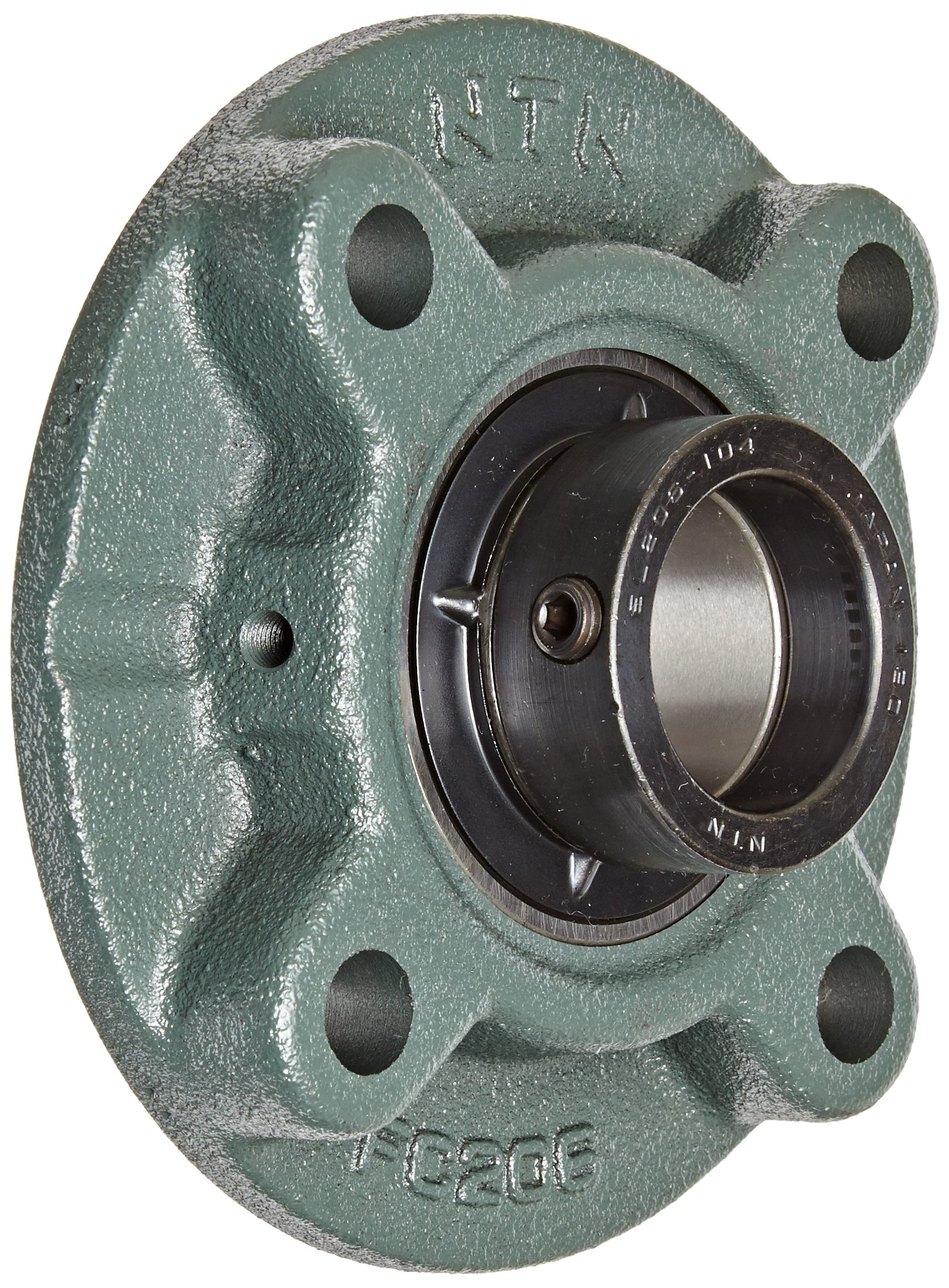NTN UELFC206-104D1 Light Duty Piloted Flange Bearing, 4 Bolts, Eccentric Lock, Regreasable, Contact Seals, Cast Iron, 1-1/4