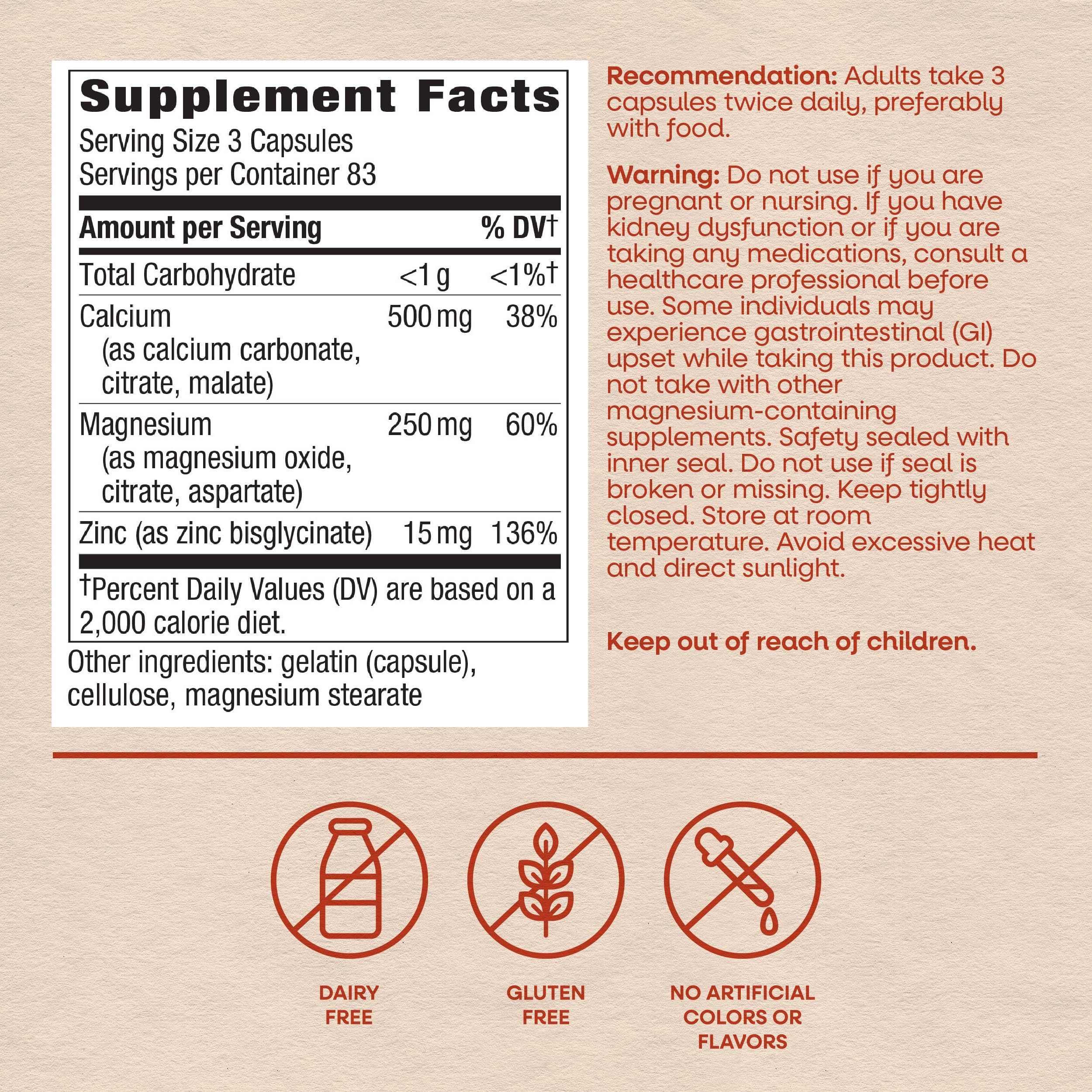 Nature's Way Calcium, Magnesium & Zinc Mineral Complex, Supports Bone Health & Muscle Function*, Immune Support*, 250 Capsules (Packaging May Vary) — Amazon image 6