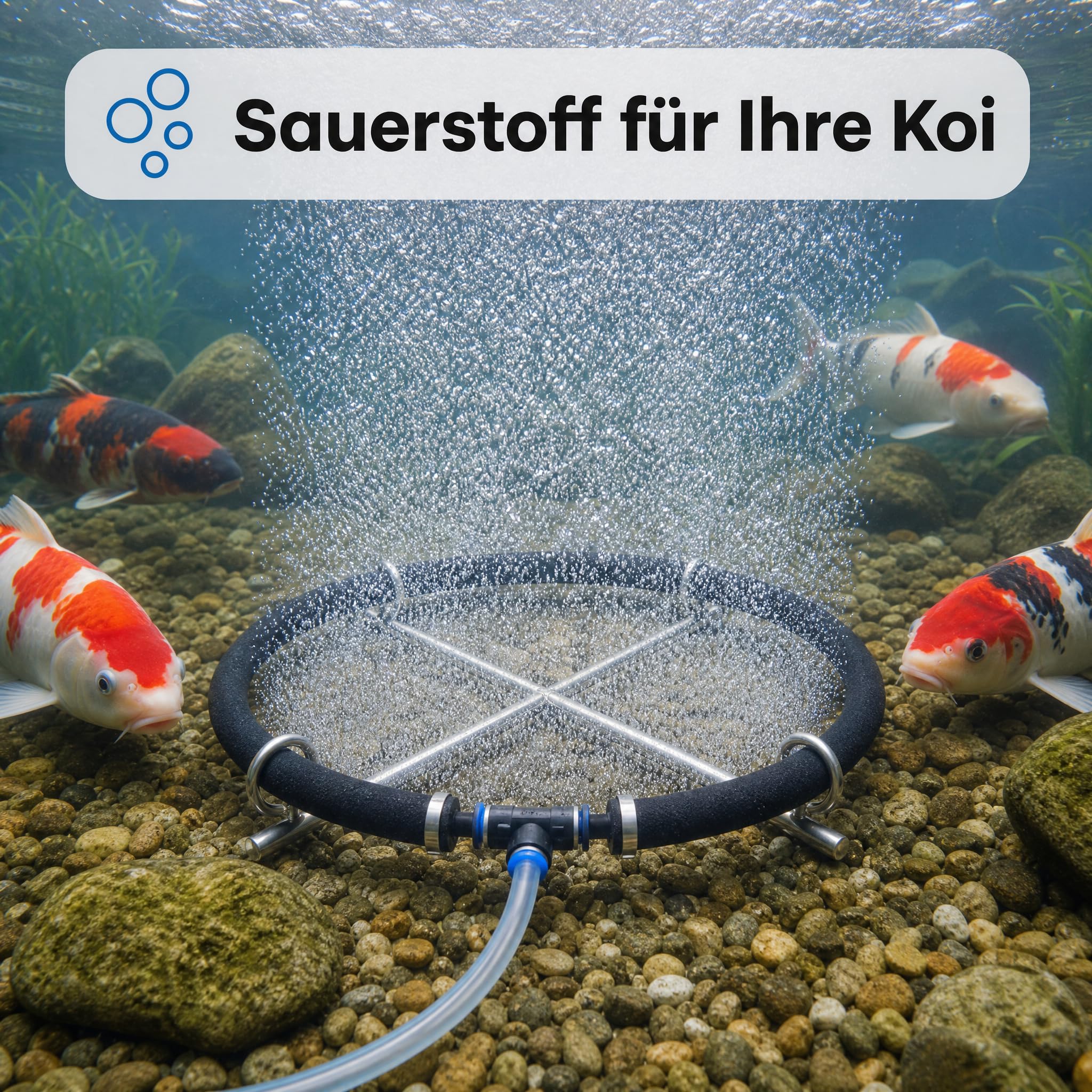 Pondlife Teichbelüfter Belüfterring 50 cm, japanischer Luftausströmer, selbstsinkend mit Edelstahlkreuz, feine Perlung, für Teichbelüftung, Koi-Teich und Filterkammern, Schlauch mit Innenmaß 16 mm
