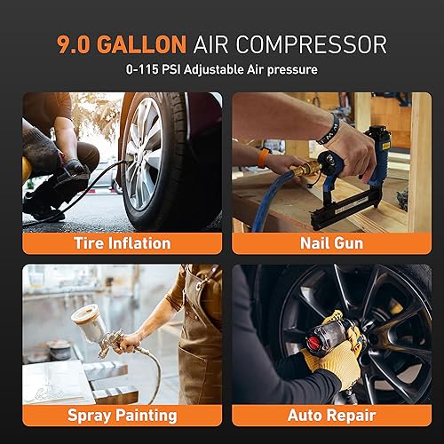 Miniatura 2 de Compresor de aire de 9 galones, compresor de aire portátil de 2.5 SCFM90 PSI, compresor de aire sin aceite de 1.5 HP máximo 115 PSI, compresor de