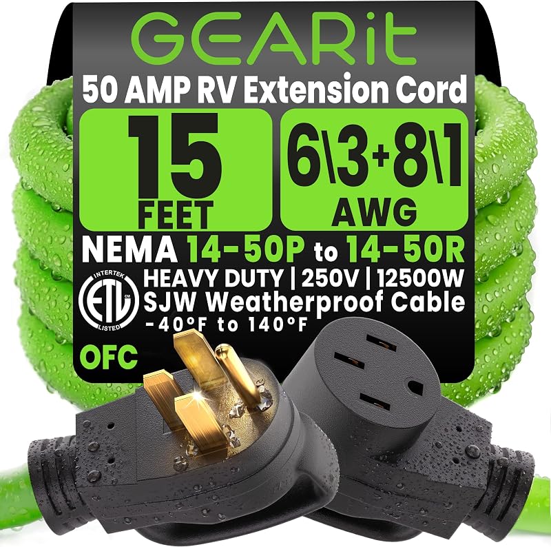 GEARit 15 Ft Extension Cords OFC Outdoor Heavy Duty 50 Amp Waterproof Charger Power Cable 4 Prong 250V 12500W NEMA 14-50P/R STW 6/3+8/1 Gauge AWG for RV/EV/Camper/Travel Trailer