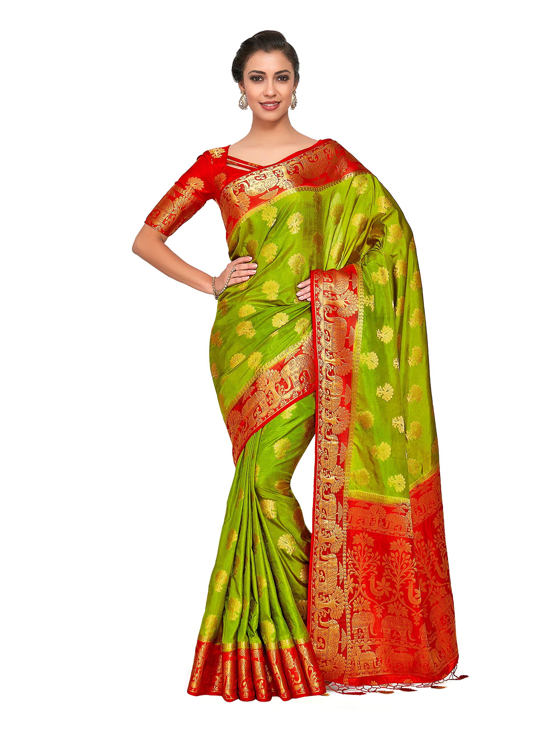 MIMOSA Women Art Silk Wedding Saree Kanjivarm Pattu Style With Contrast Blouse Color: Green (4317-363-2D-Olv-Rd)