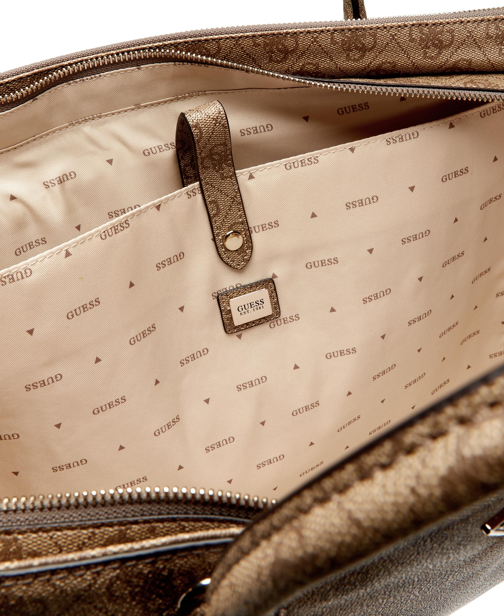GUESS bolso de hombro maletín con compartimento para portátil Marissa Logo Tech Tote Latte Logo marrón claro