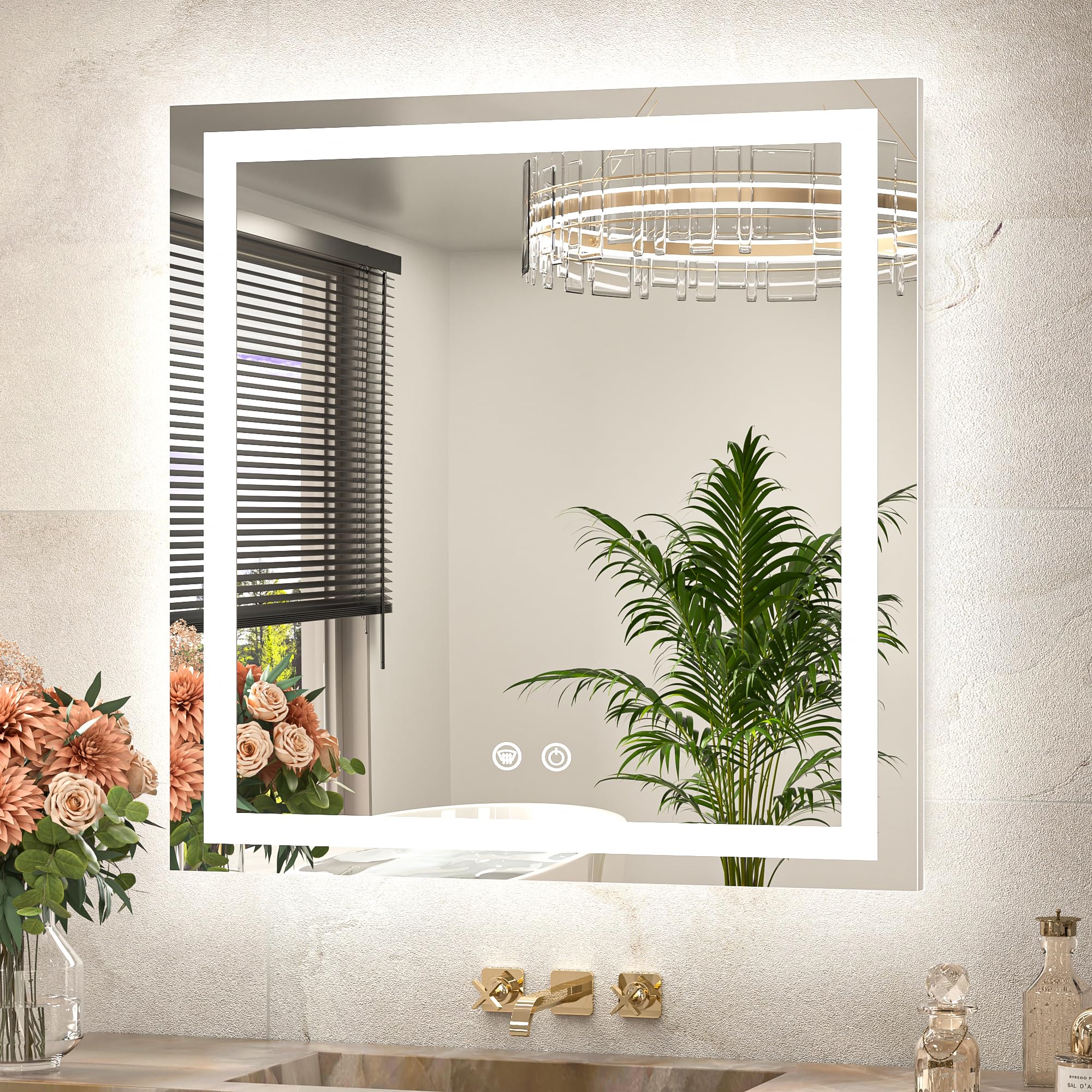 TETOTE 30 x 30 Inch LED Bathroom Mirror with Frontlit and Backlit, Brighter Light up Bathroom Vanity Mirror with Lights, 3-Color Dimmable Illuminated Anti Fog Mirror Wall Mounted, Waterproof