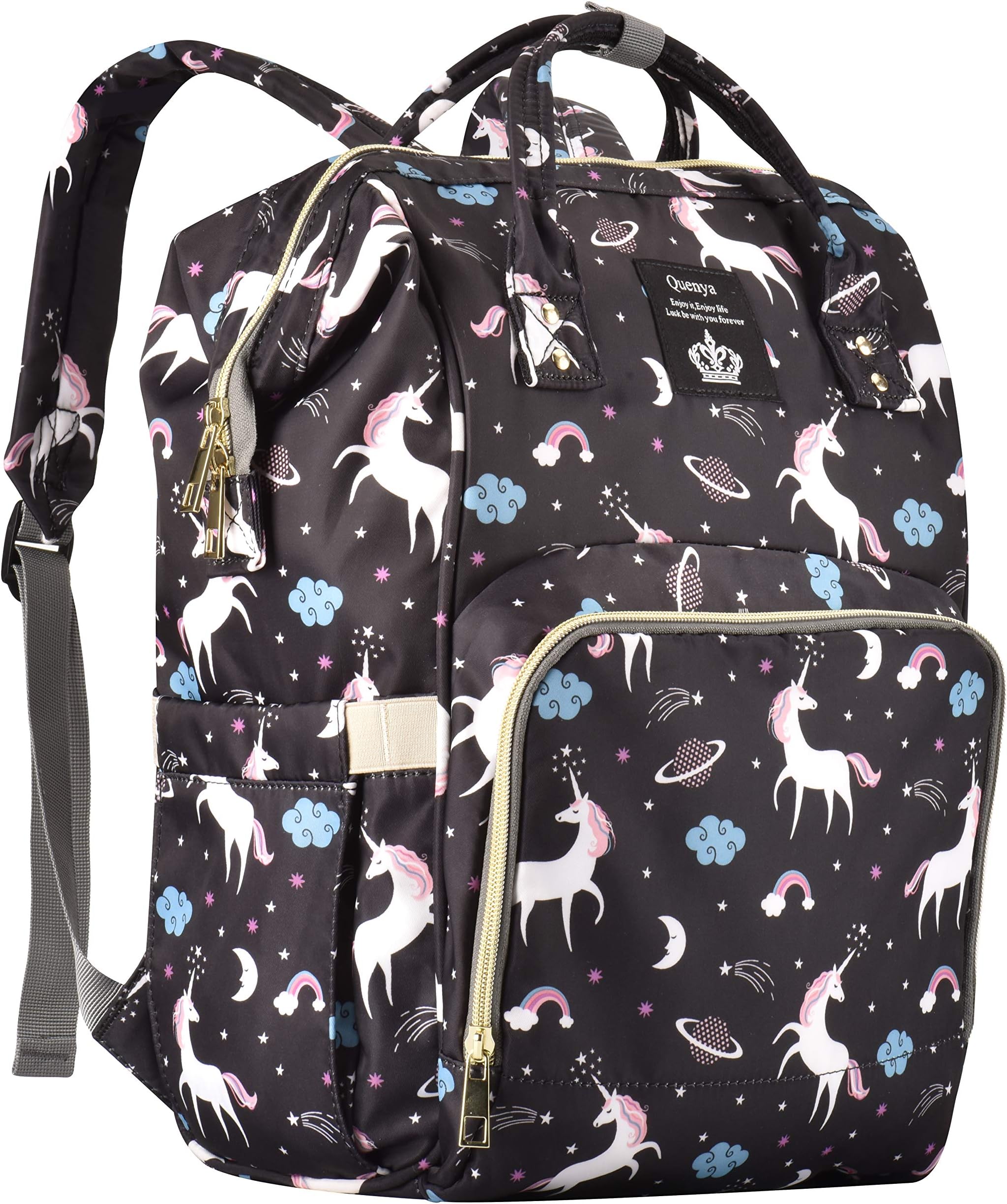 quenya Diaper Bag for Boys Girls,Multi-Function Waterproof Travel Maternity Nappy Baby Diaper Bag Backpack for Dad Mom, Large Capacity, Durable and Stylish, Black Unicorn Baby Diaper Bag