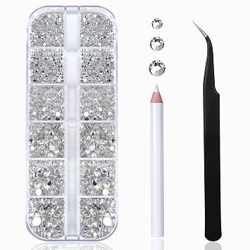 Nail Art Rhinestones Kit HUETFAT 2400pcs Nail Gems Crystal Clear Flatback Rhinestones Gems Stones, with Storage Organizer Box/Wax Pencil/Tweezers 6 Sizes 1.9-4.5 mm for Nail Art Craft