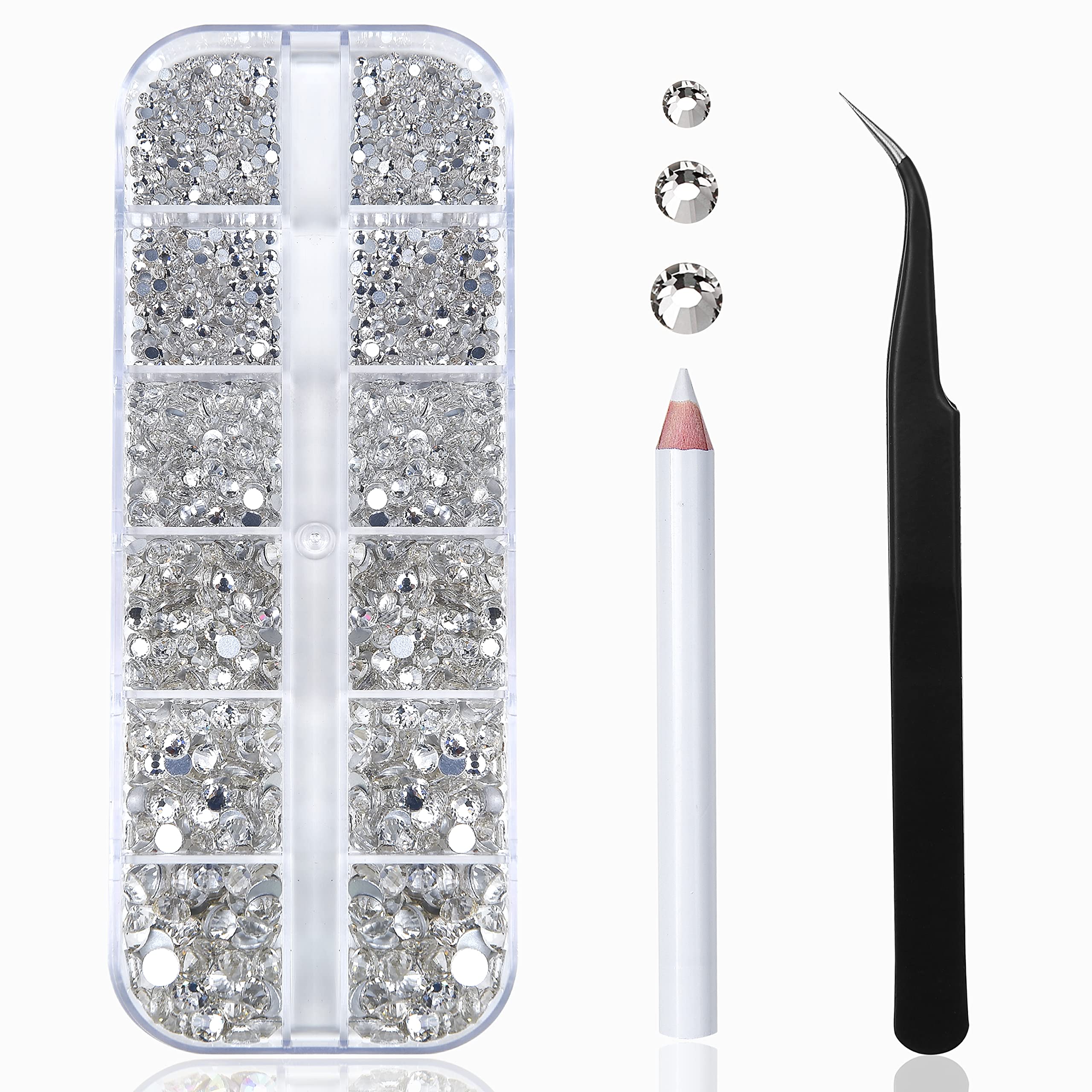 HUETFATNail Art Rhinestones Kit 2400pcs Nail Gems Crystal Clear Flatback Rhinestones Gems Stones, with Storage Organizer Box/Wax Pencil/Tweezers 6 Sizes (1.9-4.5 mm) for Nail Art Craft