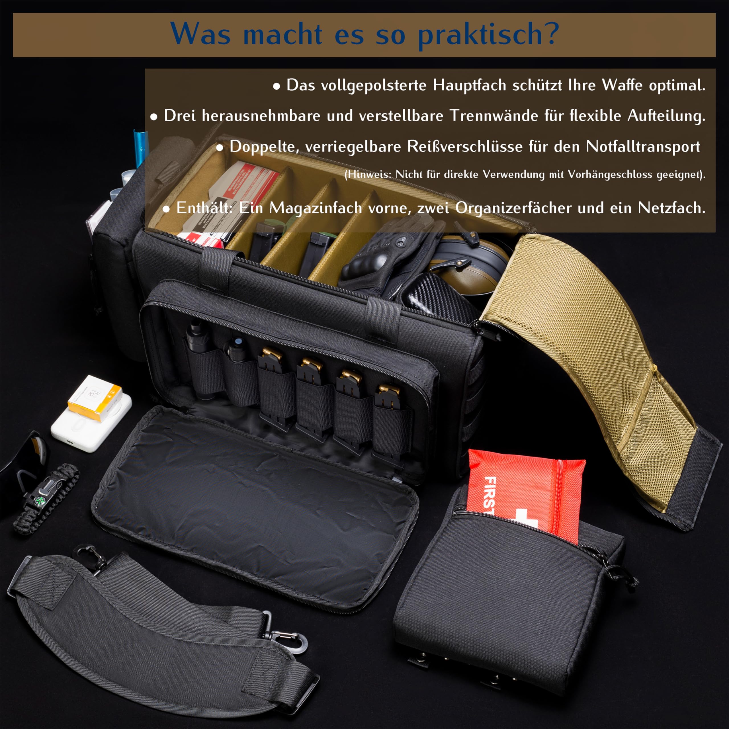 Waffentasche für Kurzwaffen Munition Taktisch für Pistolen Abschließbare Reißverschlüsse Range Bag Molle-System und Zubehör Sporttasche für Schießstand und Jagd