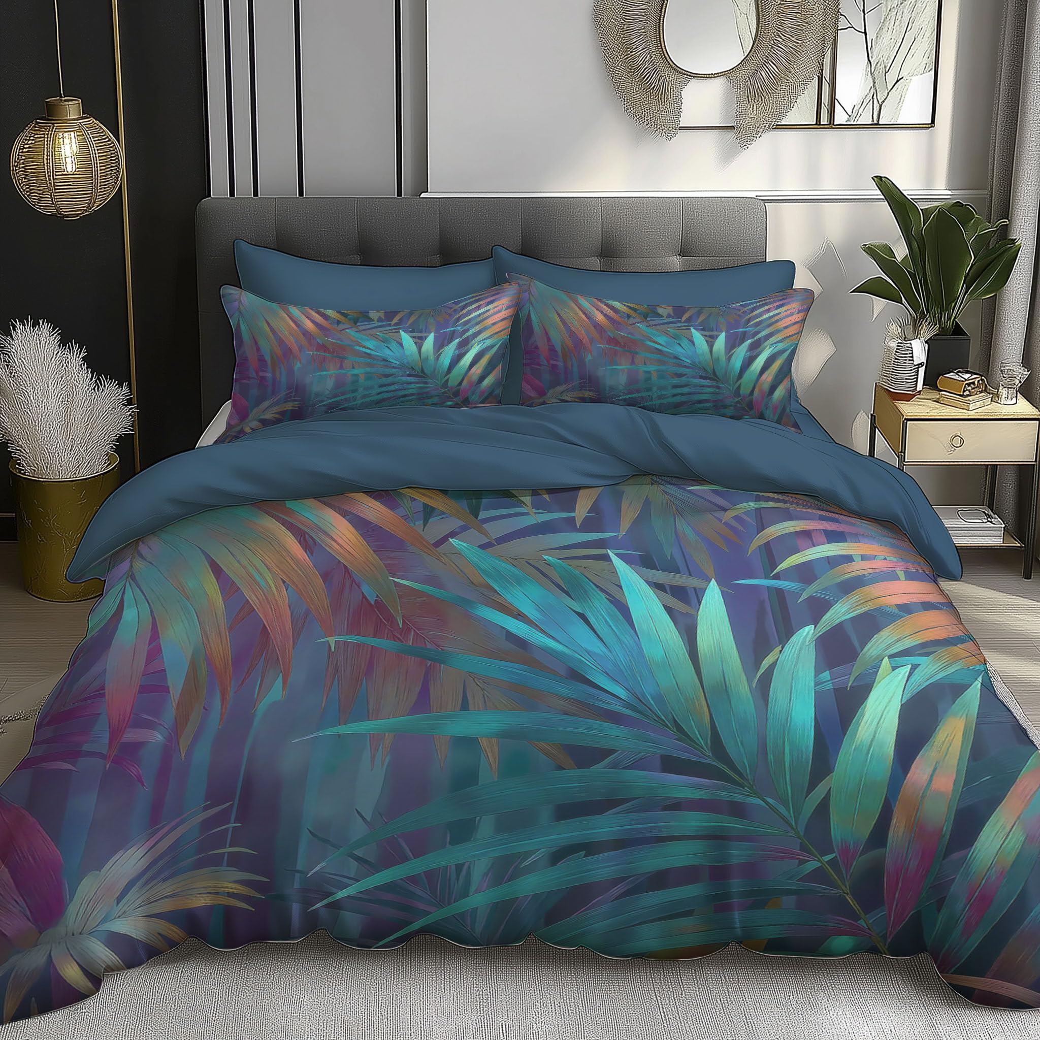 Housse de couette 140x200 vert plantes abstraites microfibre lit 1 personne avec zip
