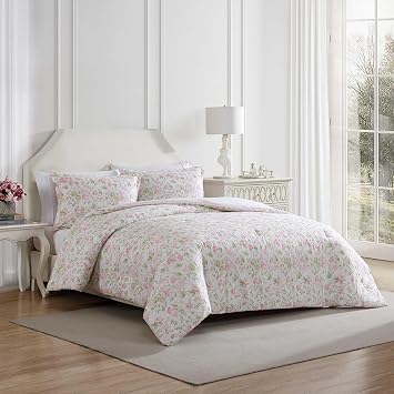 Laura Ashley Twin Comforter Set, Soft Bedding with Matching Sham, Textured Floral Room Decor, College Dorm Room Essentials (Morning Gloria Pink)