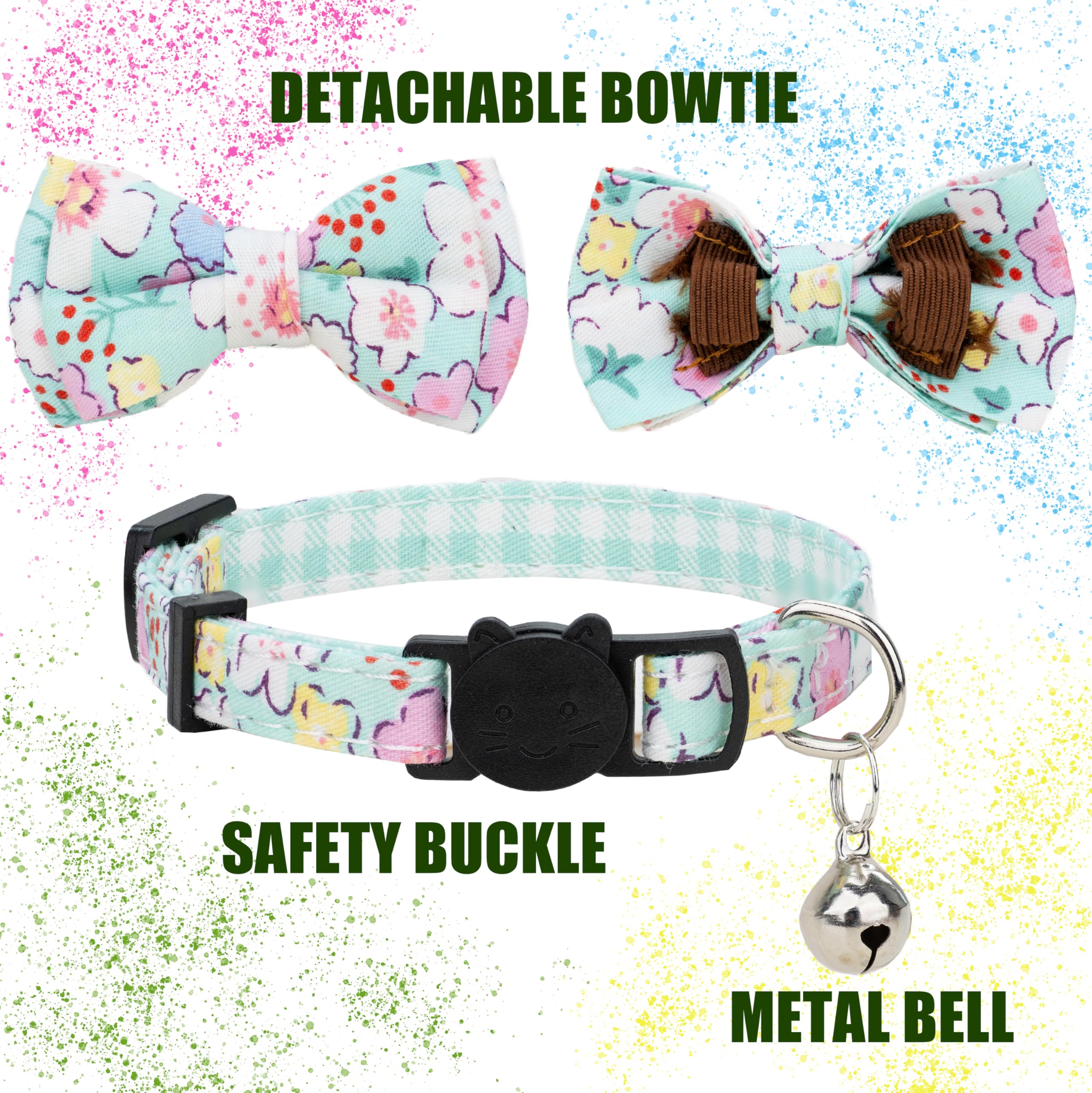 Collar para gatos y mascotas, con campana, pajarita floral, desmontable, ajustable, seguridad, cachorro, 2 unidades, verde y rosa perlado