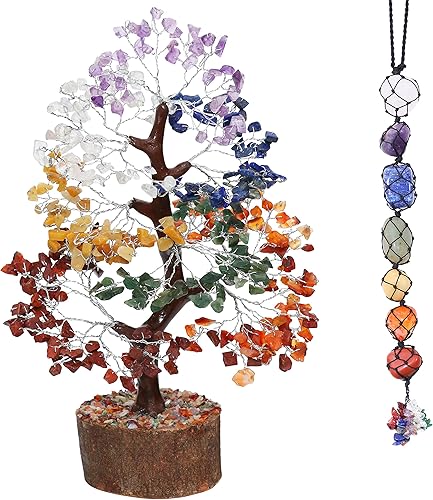 Árbol de siete chakras con cristales colgantes y 7 piedras preciosas decorativas para árbol de Feng Shui, buena suerte, riqueza y salud, decoración