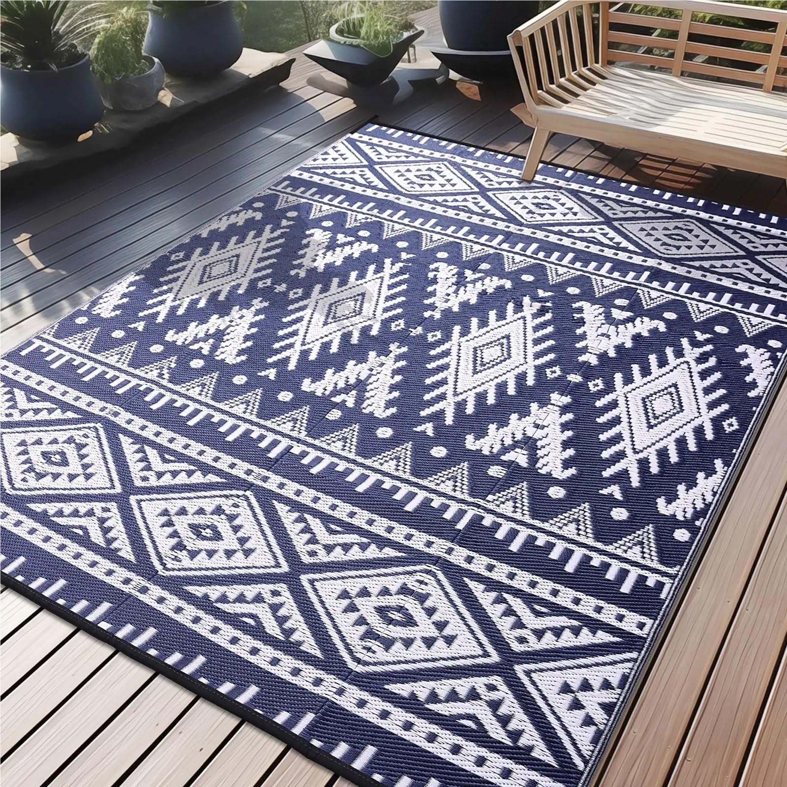 Dywan na zewnątrz, Dywaniki zewnętrzne na taras, kemping, piknik, balkon, do ogrodnictwa, kempingu(Blue White,5X8inch(150x240cm))