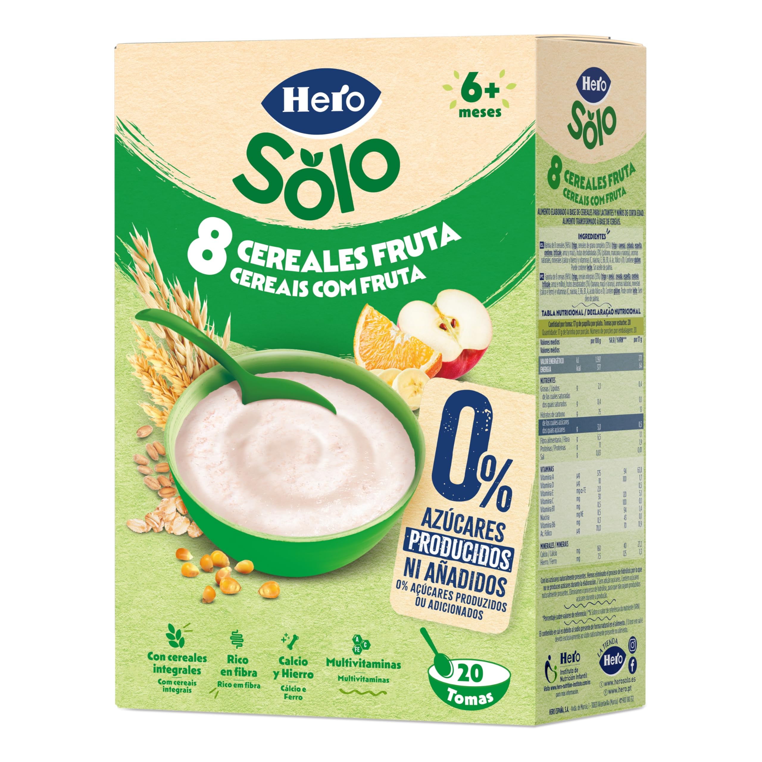 Hero Solo Papilla 8 Cereales con Fruta, Sin Lactosa, Rico en Vitaminas, Sabor Natural para Bebés, a partir de 6 meses