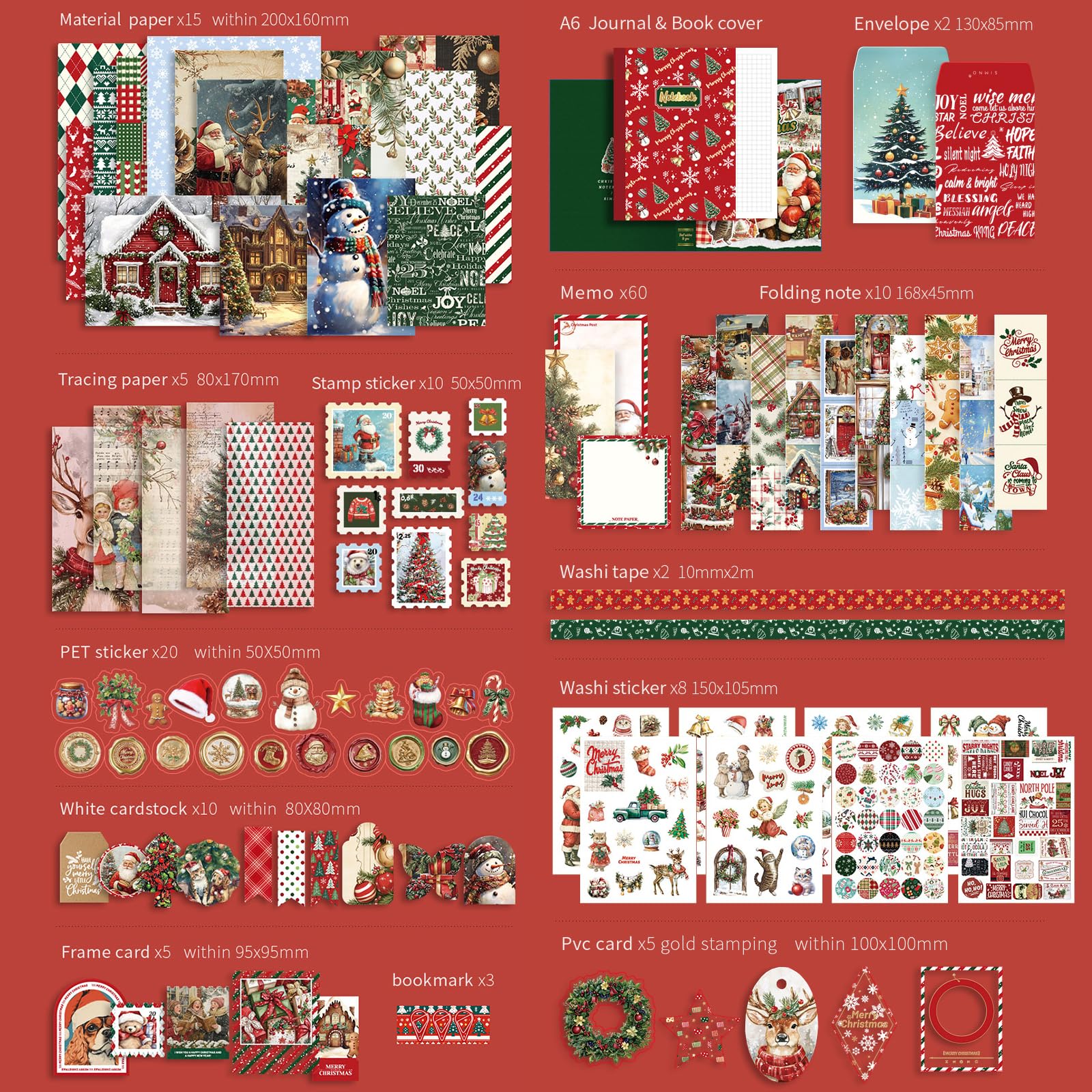 Aesthetic Scrapbook Accessory Set, Red Merry Christmas Aesthetic Bullet Junk Journal Kit with Journaling Accessories - Image 2