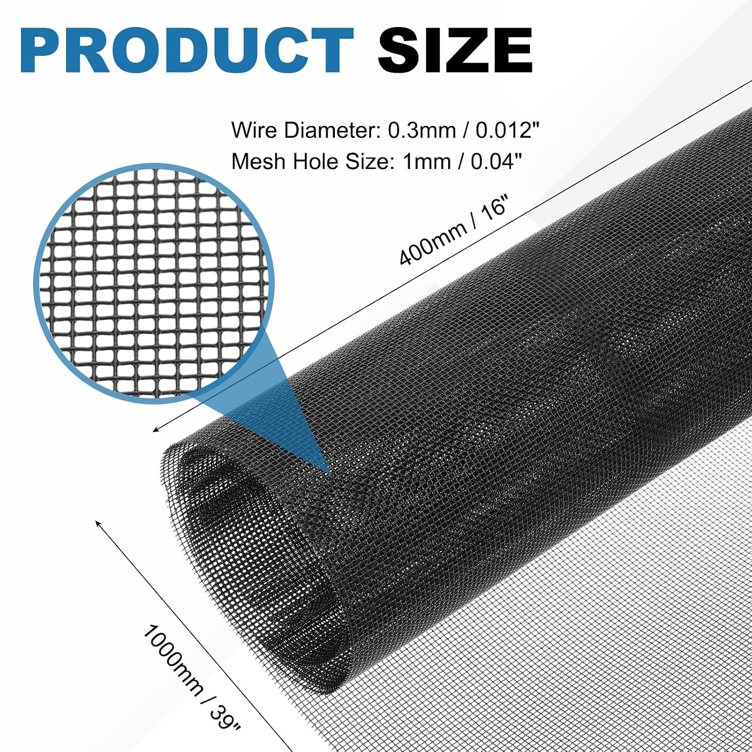 PATIKIL 16 x 39 Inch Wire Mesh, 1 PCS 304 Stainless Steel Woven Air Vent Filter 1mm Hole 0.3mm Wire Dia PVC Coated Mesh Cover Fence Screen Sheets for Cage Garden Window DIY, Black