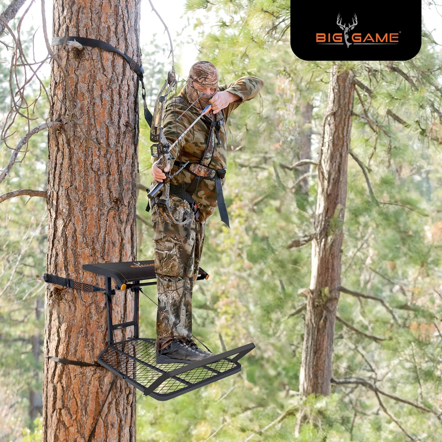 Big Game Captain XC Hang-On Treestand, Lightweight Steel Construction with 14 x 8 in. Flip-Back Flex-Tek Seat, 300 lbs Weight Rating