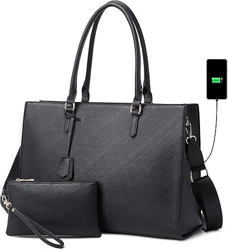 Bolsa para laptop para mujer, de 17 pulgadas, bolsas de trabajo casuales con puerto de carga USB, bolsa de mano para portátil con bolso de mano Negro