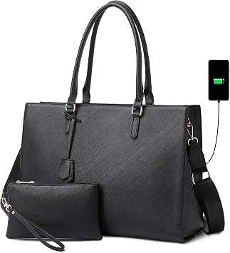 Laptop Bag for Women 17 inch Casual Work Bags with USB Charging Port Laptop Tote Bag with Clutch Purse Black