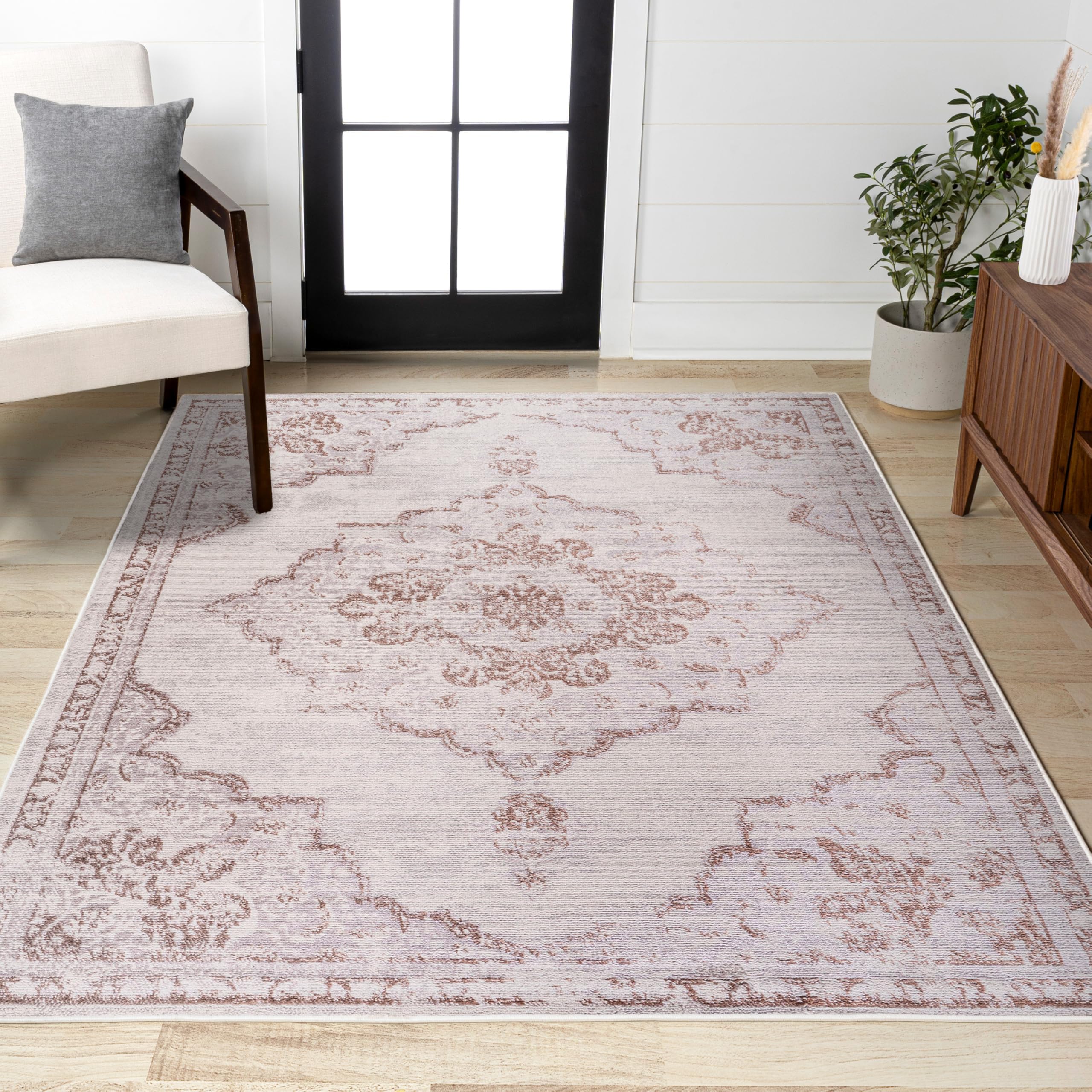 Alhambra Ornate Medallion Modern Cream/Red Indoor Area Rug, 8x10, Vintage, Bohemian, Easy-Cleaning for Living Room, Bedroom, Kitchen, Pet Friendly, Non-Shedding (MDP400A-8)