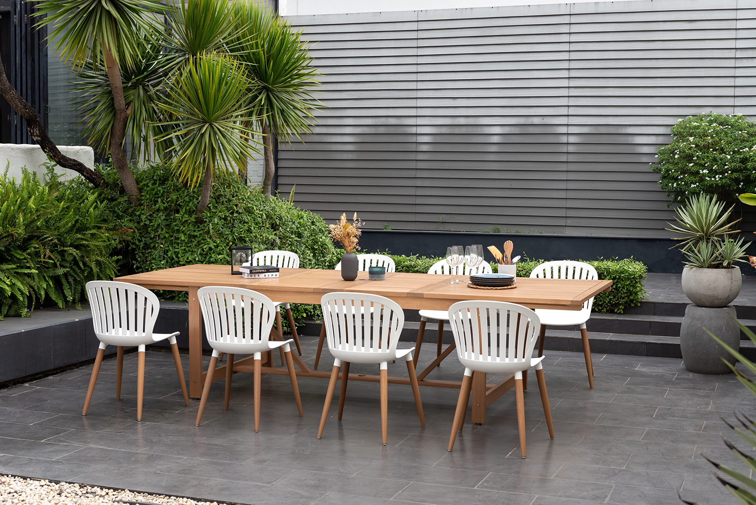 Brampton | Ideal for Patio and Outdoors, White Chairs Sezze 9-Piece Rectangular Extendable Dining Set | Teak Finish, Brown