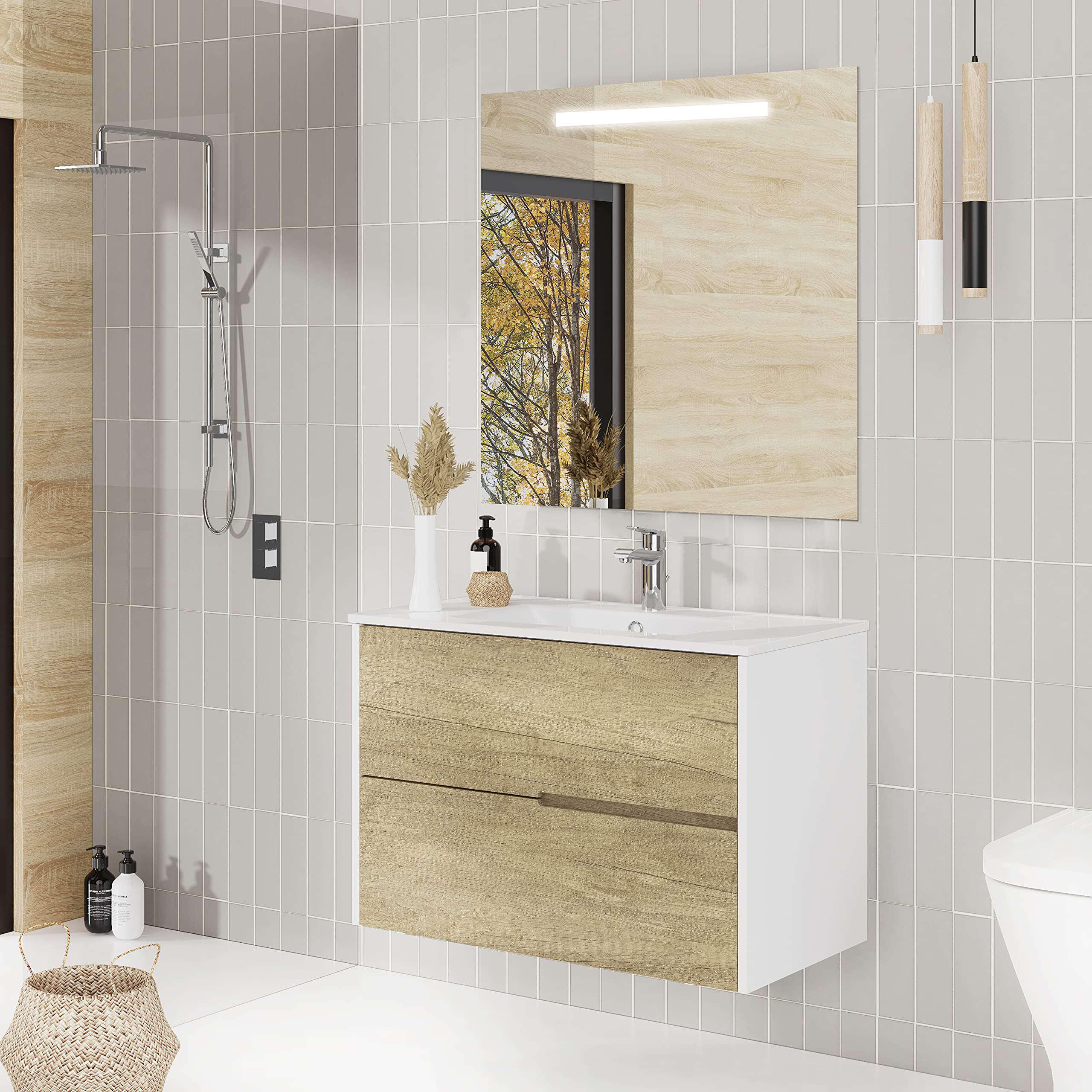 Baikal Mueble de baño Gavin, 2 cajones, suspendido en Pared. Incluye Lavabo cerámico. Varios Acabados. Se Entrega Montado. con Espejo 80 cm Nature