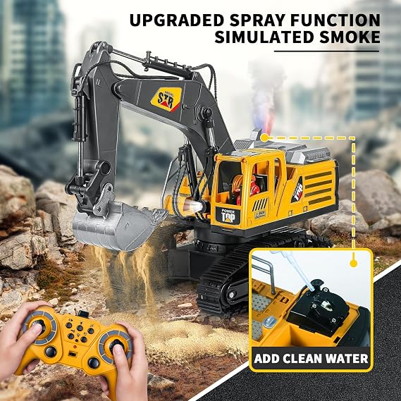 Remote Control Excavator Toy for Boys 14 Channel 2.4 GHz RC Excavator Metal Shovel with Spray Light Sound RC Construction Toy 680° Rotation for Boys Gift