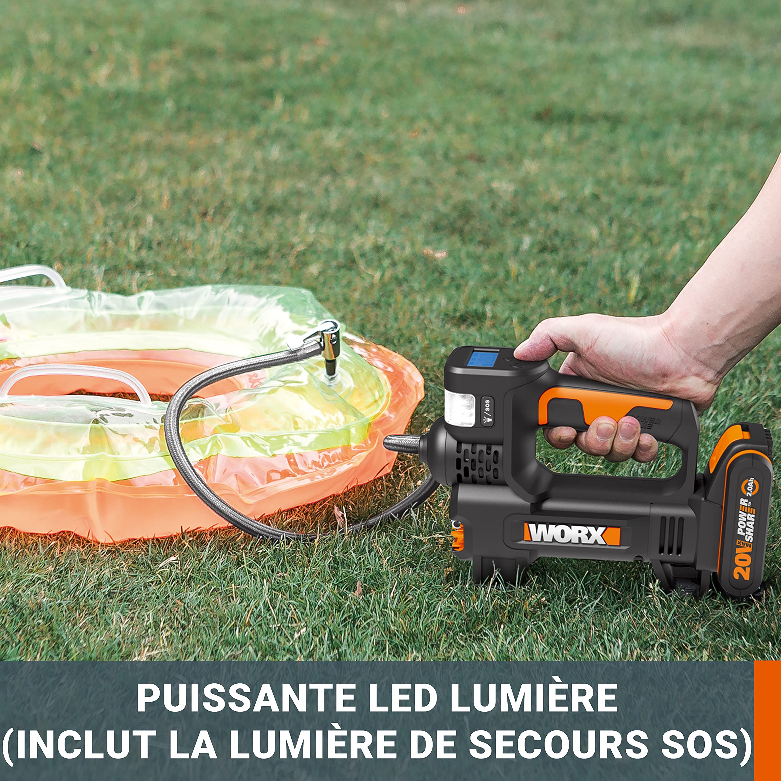 WORX 20V Compresseur à Air Portatif sans fil WX092, PowerShare, Gonfleur Pneus Voiture avec Projecteur LED Puissante & SOS, Max.150 PSI, Pompe a Vélo/Voiture