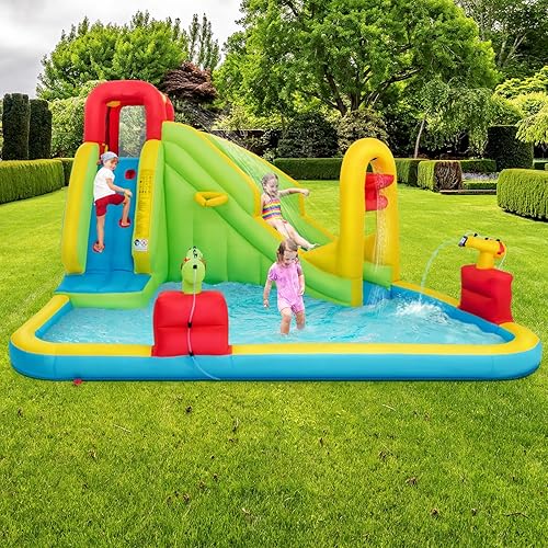 Miniatura 9 de KOTEK Tobogán acuático inflable, tobogán acuático 7 en 1 con pared de escalada, piscina salpicadora, tobogán largo, cuenca de agua, cañones de agua,