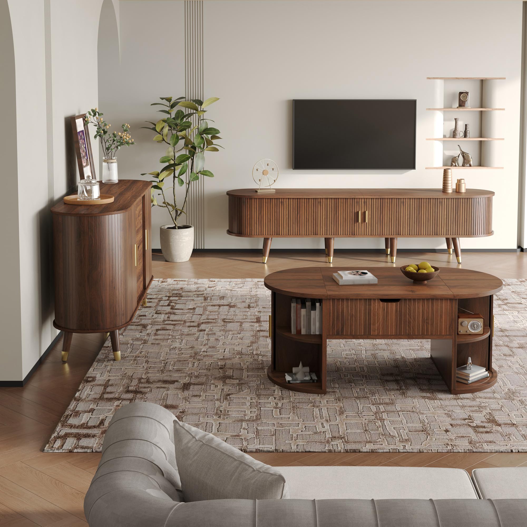 Set da Soggiorno in MDF, per Salotto, Noce, Set da 3 Pezzi