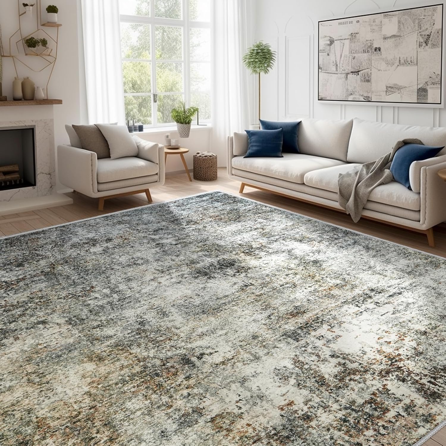 Abstract 10x14 Washable Rug: Modern Non Slip Area Rug Soft Carpet Foldable Distressed Stain Resistant Neutral Rugs for Living Room Bedroom Decor Large Indoor Farmhouse Rug 10'x14' Brown Gray Brown Gray 10' x 14' (Rectangular)