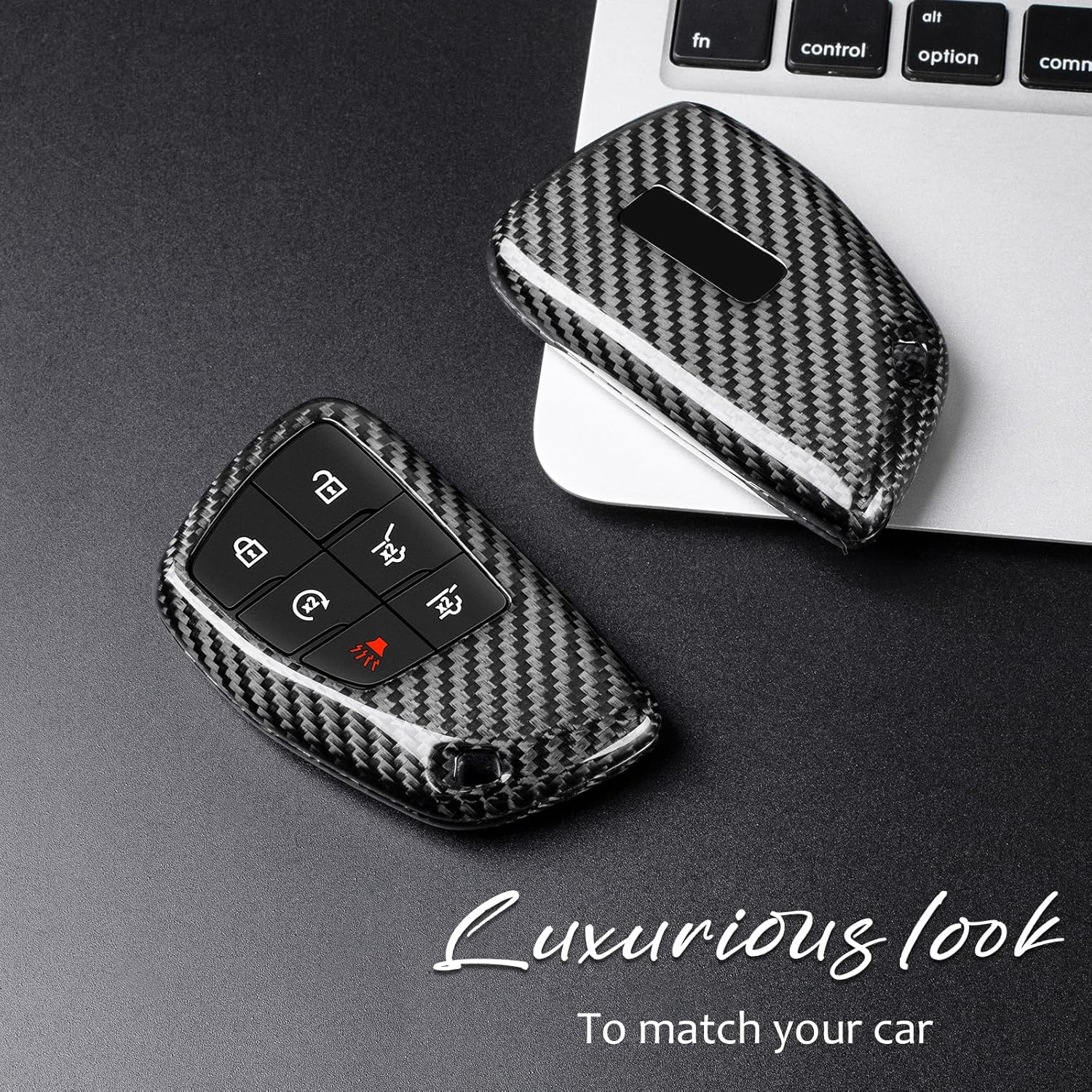 T-carbon Key Fob Cover Compatible with GMC Sierra Yukon Denali with Key Chain Real Glass Fiber Key Fob Protector Compatible with Chevrolet Silverado Suburban Tahoe 2021-2026(Silver Black)