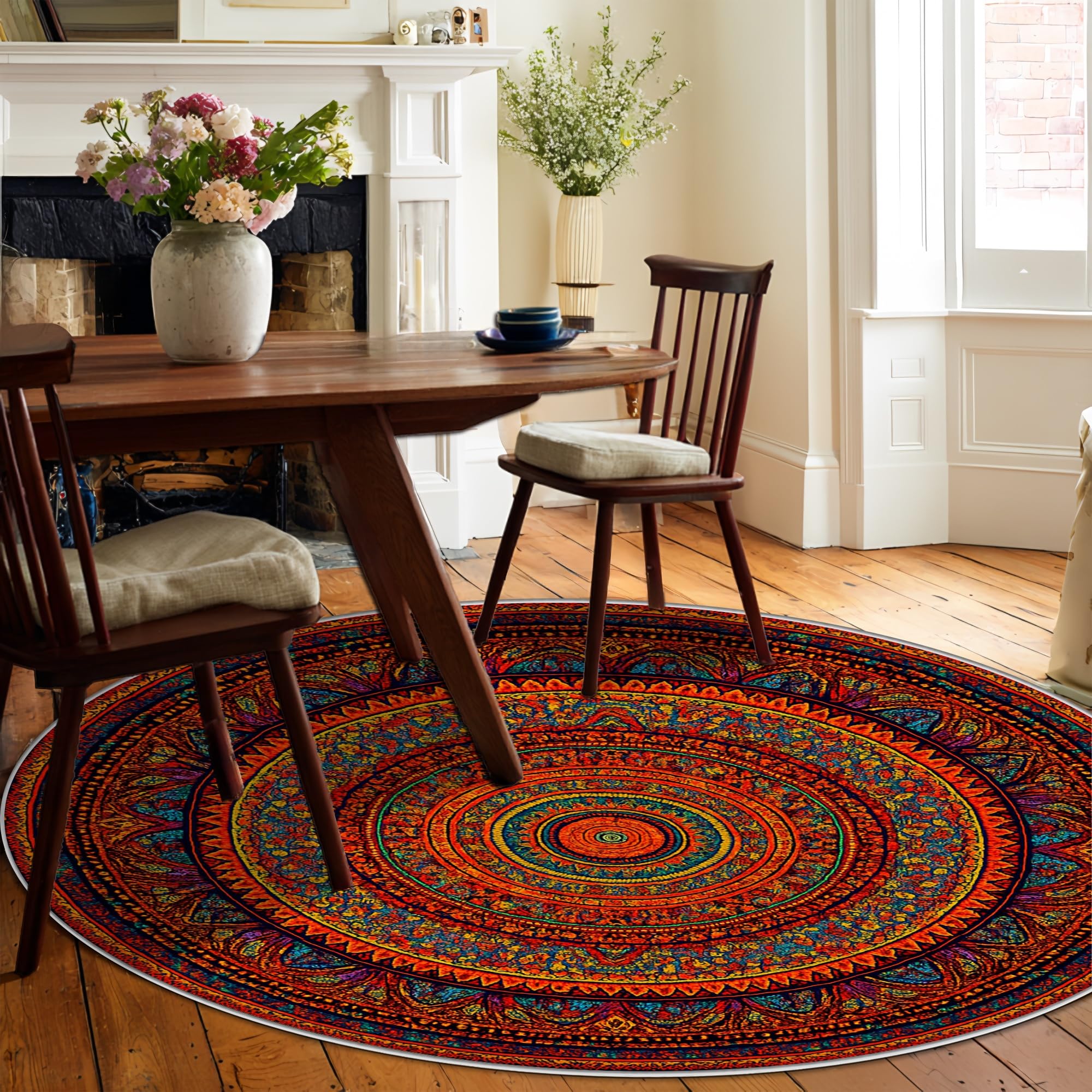 Tapis mandala bohème ethnique, floral, géométrique, été, rouge, dos antidérapant, tapis de sol pour salon, chambre à coucher, nouvelle maison, salle à manger, 1,8 x 1,8 m