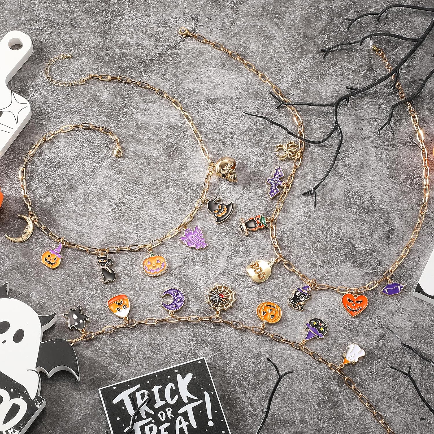 Halloween Charm Necklace for Women, Moon Pumpkin Black Cat Ghost Skeleton Charms Necklace, Dripping Oil Finish Festive Paper Clip Chain Necklace, Halloween Theme Jewelry Gift Costume Accessories - Image 7