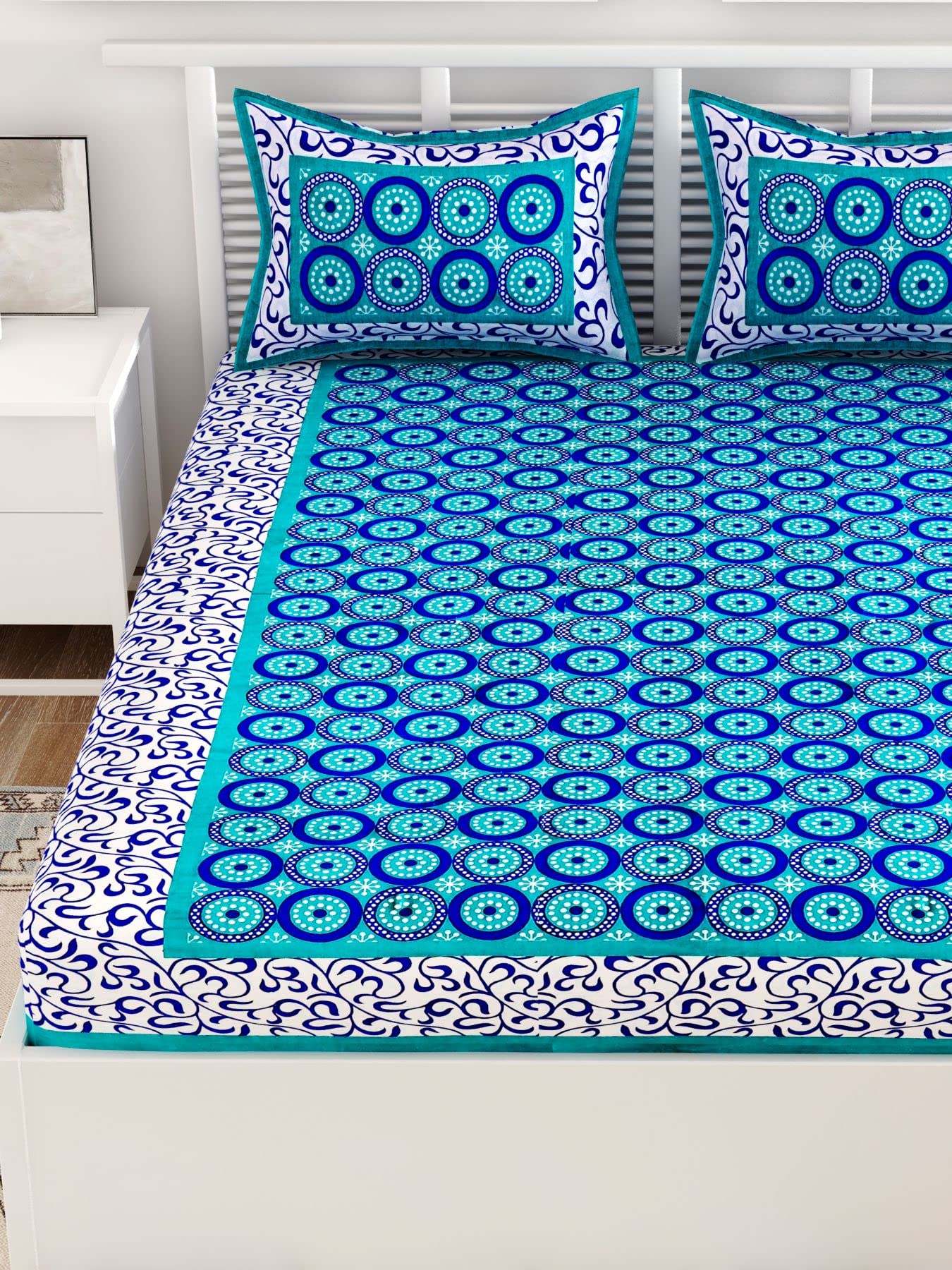 UniqChoice Turquoise Color Rajasthani Traditional Printed 120 TC 100% Cotton Double Bedsheet with 2 Pillow Cover,UCBD105 2