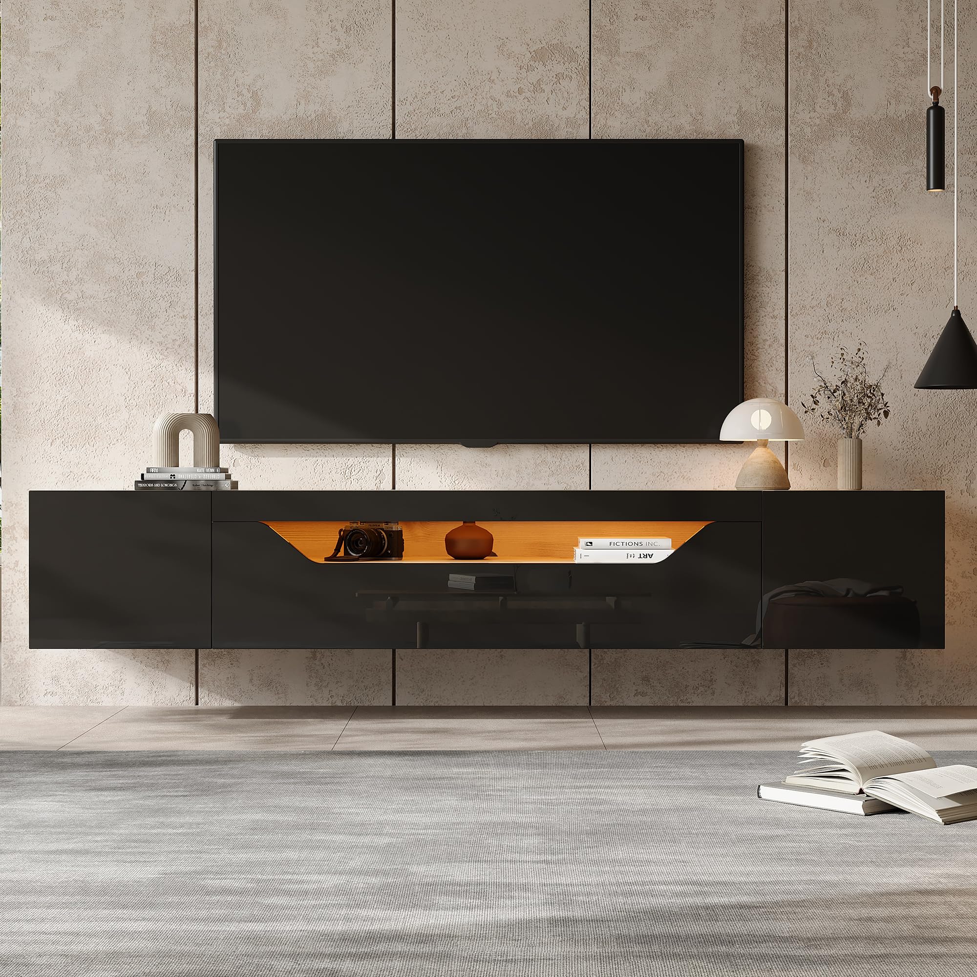 TV-Schrank 180 cm hängend mit LED für 75 Zoll, Schwarz-Holzoptik