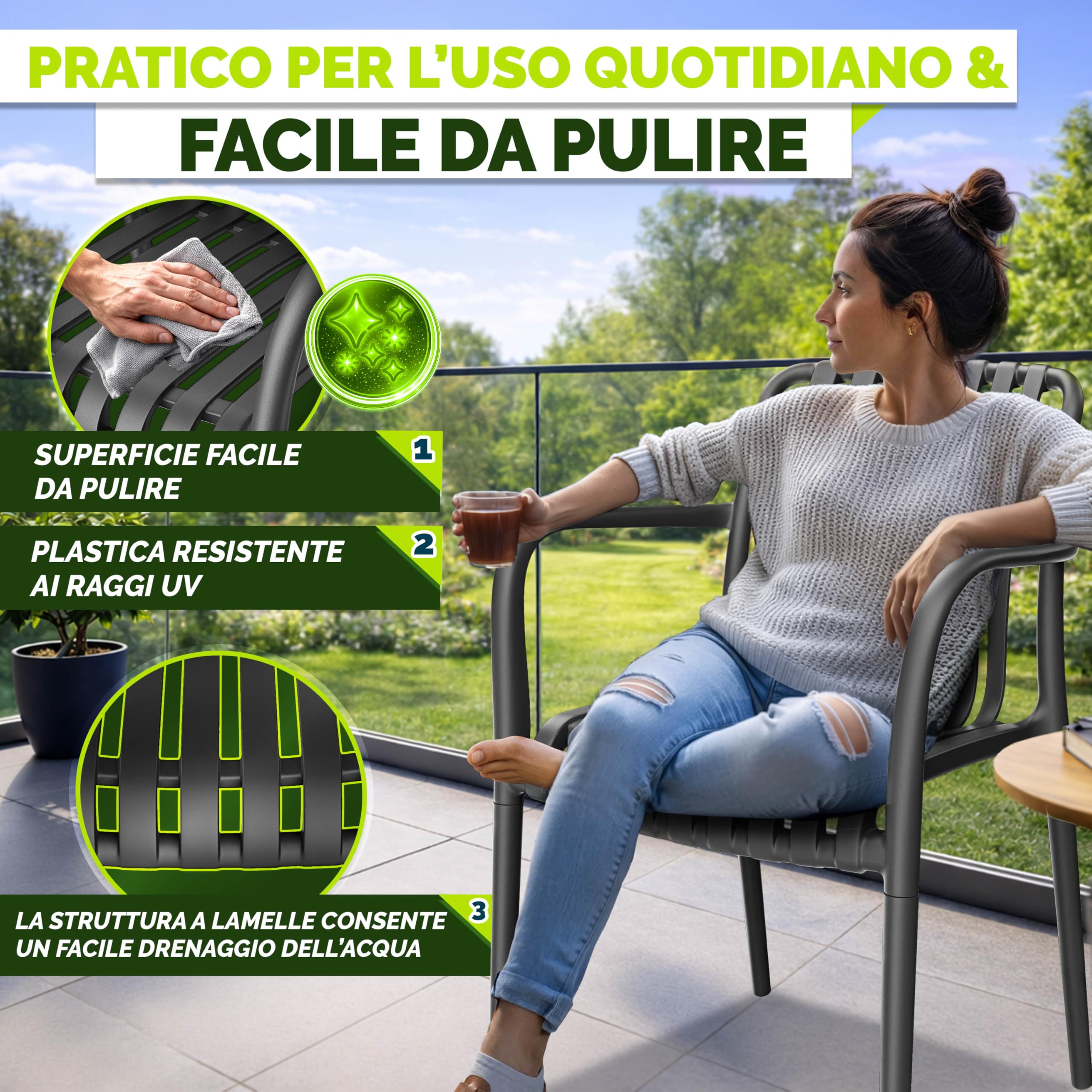 Tillvex Set di 4 Sedie da Giardino Impilabili Resistenti alle Intemperie 120 kg per Esterni Terrazzo Balcone